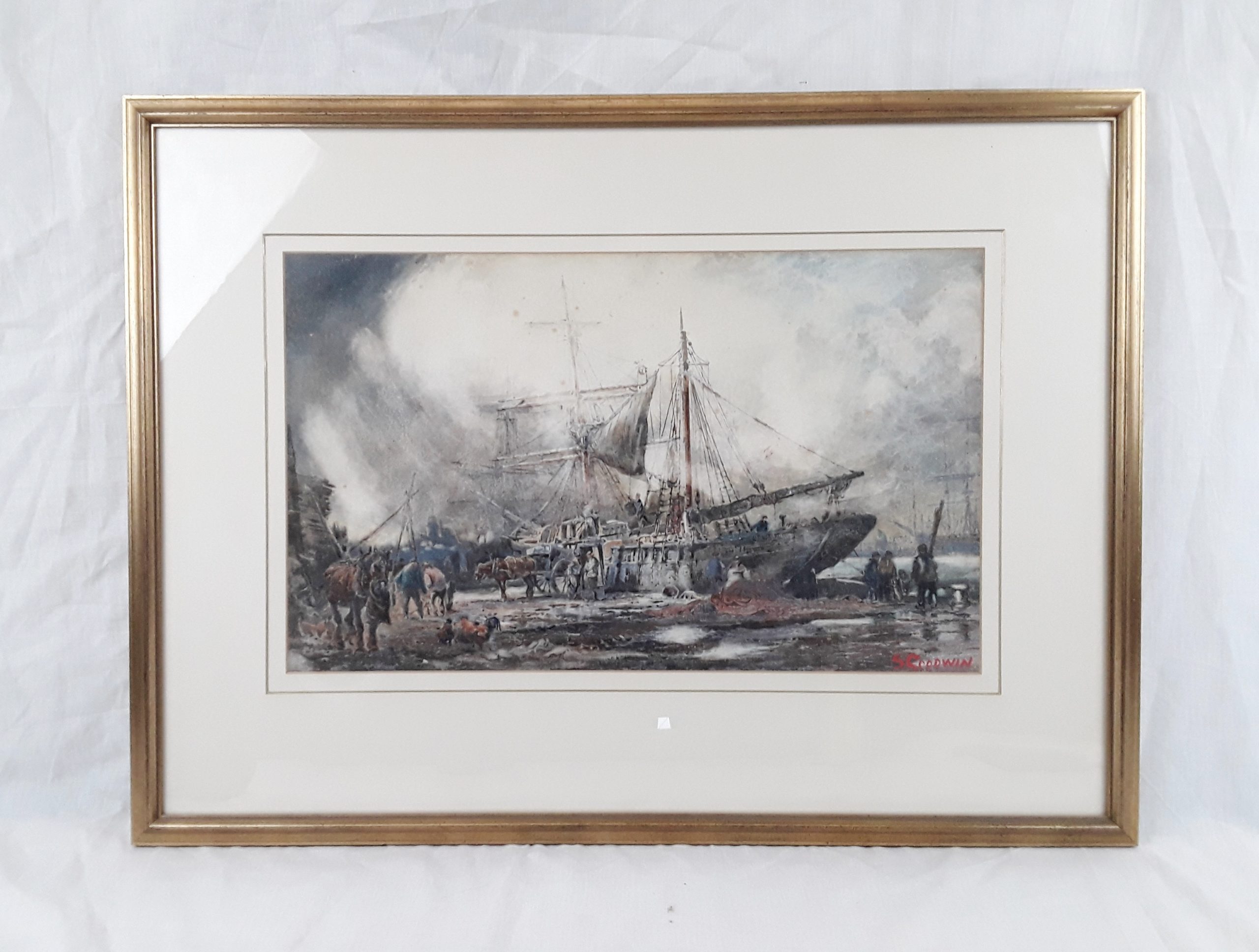 Sidney Goodwin 1867 1944 Unloading The Cargo At Dusk Watercolour