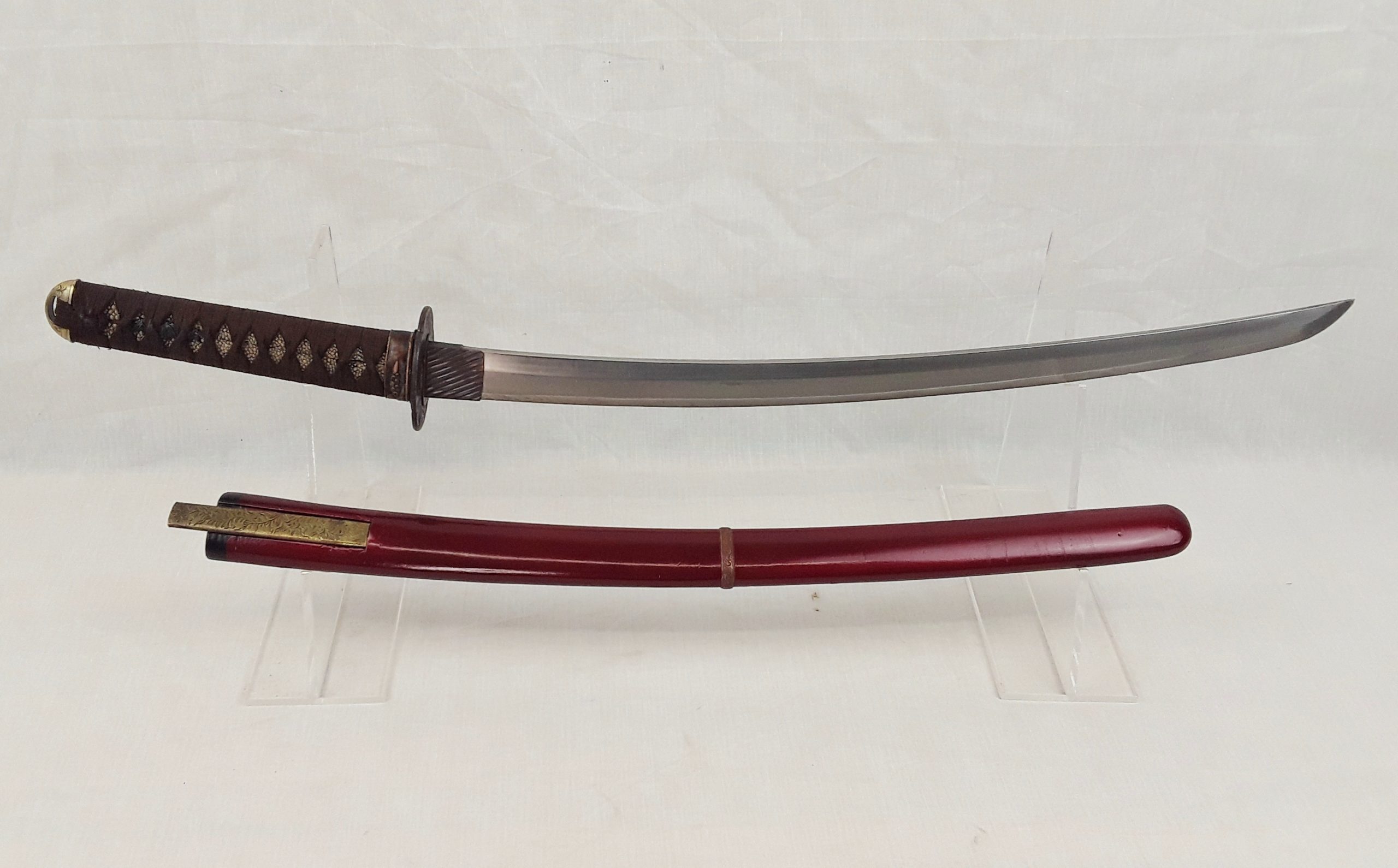 18th Century Signed Shinto Wakizashi Sword In Red Lacquered Scabbard With Kozuka