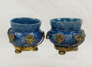 Pair of French Art Nouveau Blue Vases With Ormolu Surrounds c1910