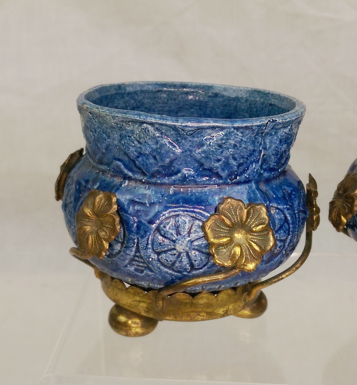 Pair of French Art Nouveau Blue Vases With Ormolu Surrounds c1910 - Image 2