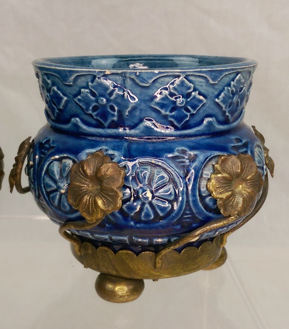 Pair of French Art Nouveau Blue Vases With Ormolu Surrounds c1910 - Image 3