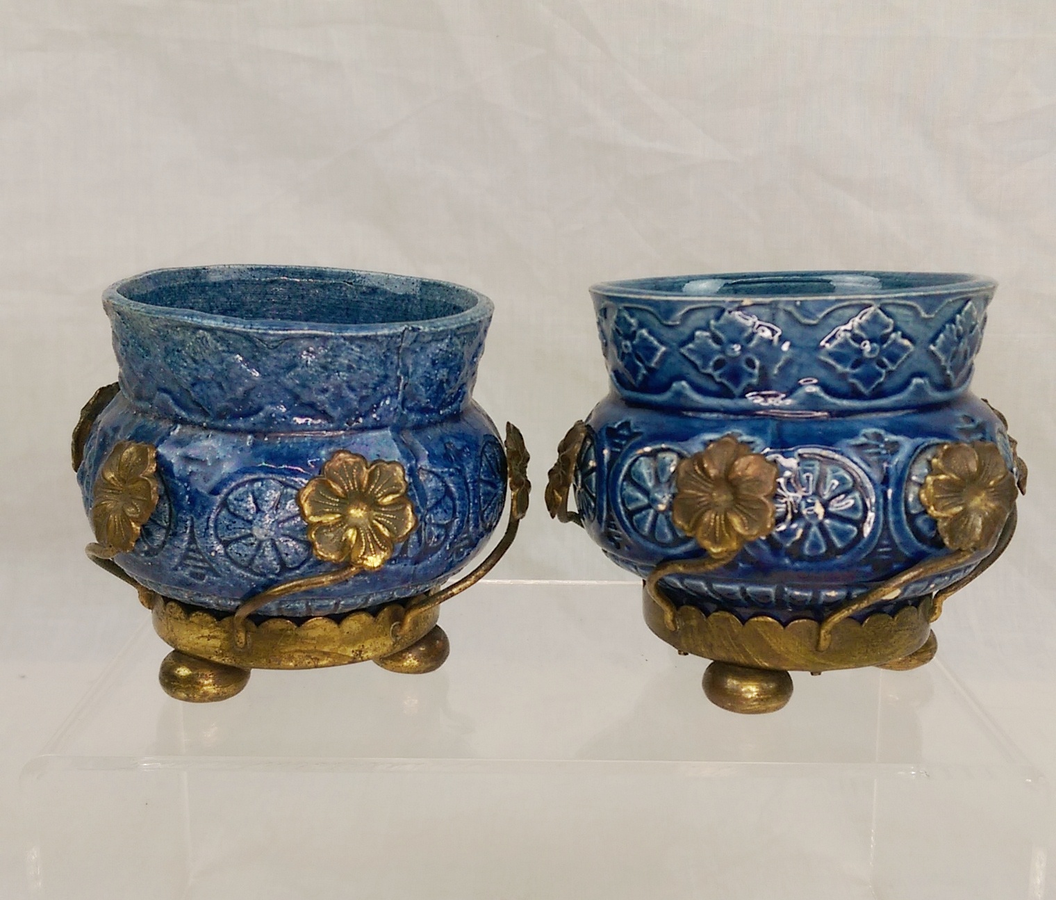 Pair of French Art Nouveau Blue Vases With Ormolu Surrounds c1910 - Image 4