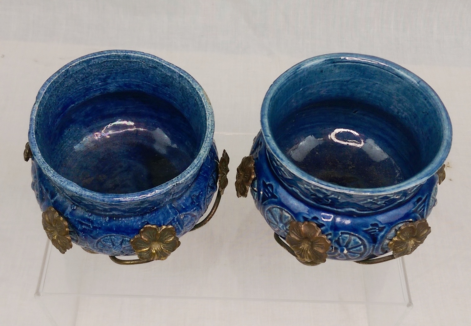 Pair of French Art Nouveau Blue Vases With Ormolu Surrounds c1910 - Image 5