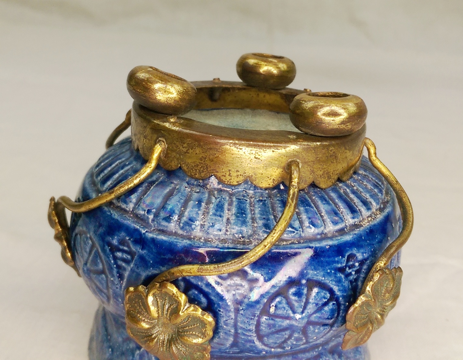 Pair of French Art Nouveau Blue Vases With Ormolu Surrounds c1910 - Image 10