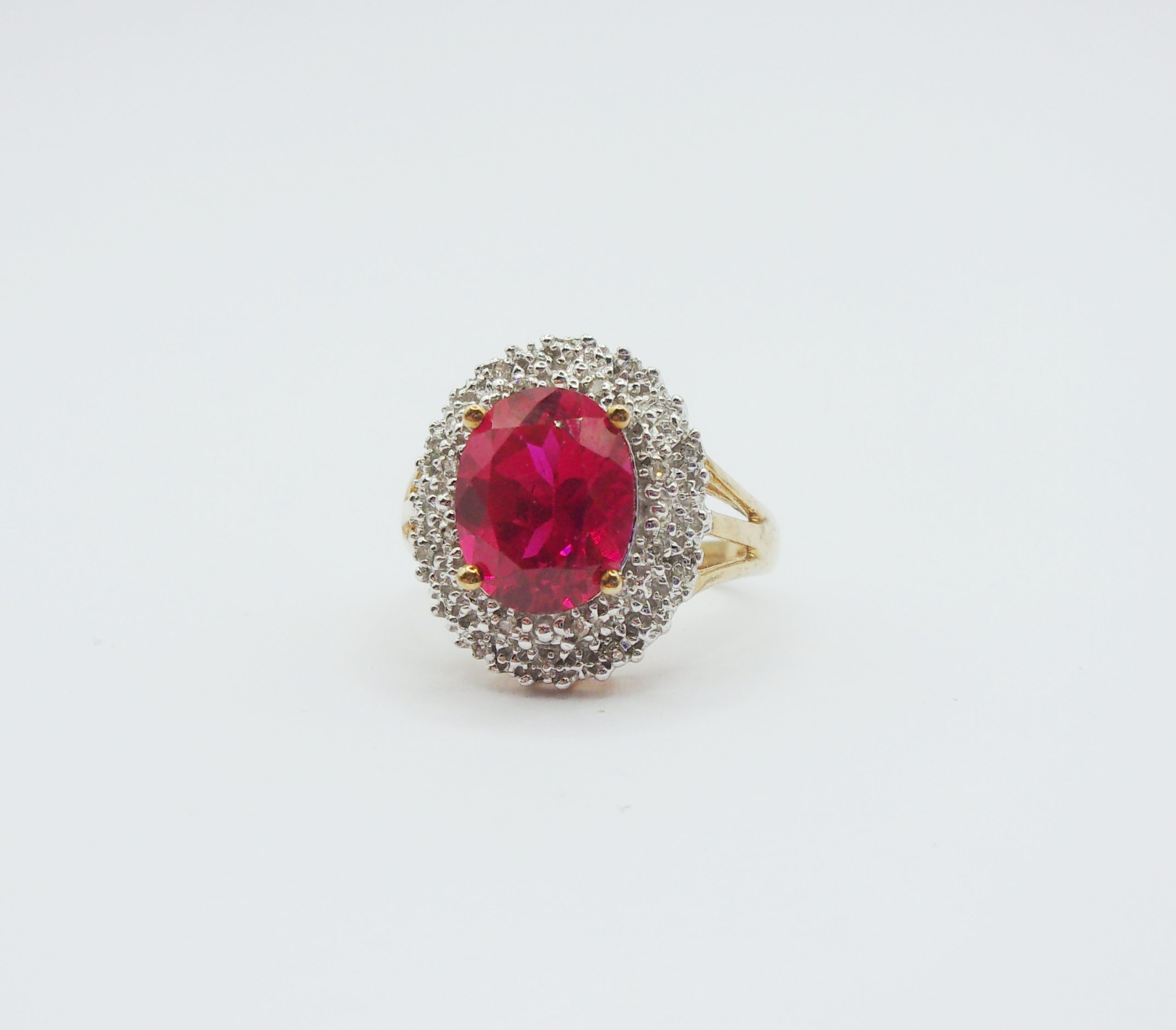 9ct Yellow Gold, Platinum, Ruby & Diamond Cluster Ring UK Size M US 6