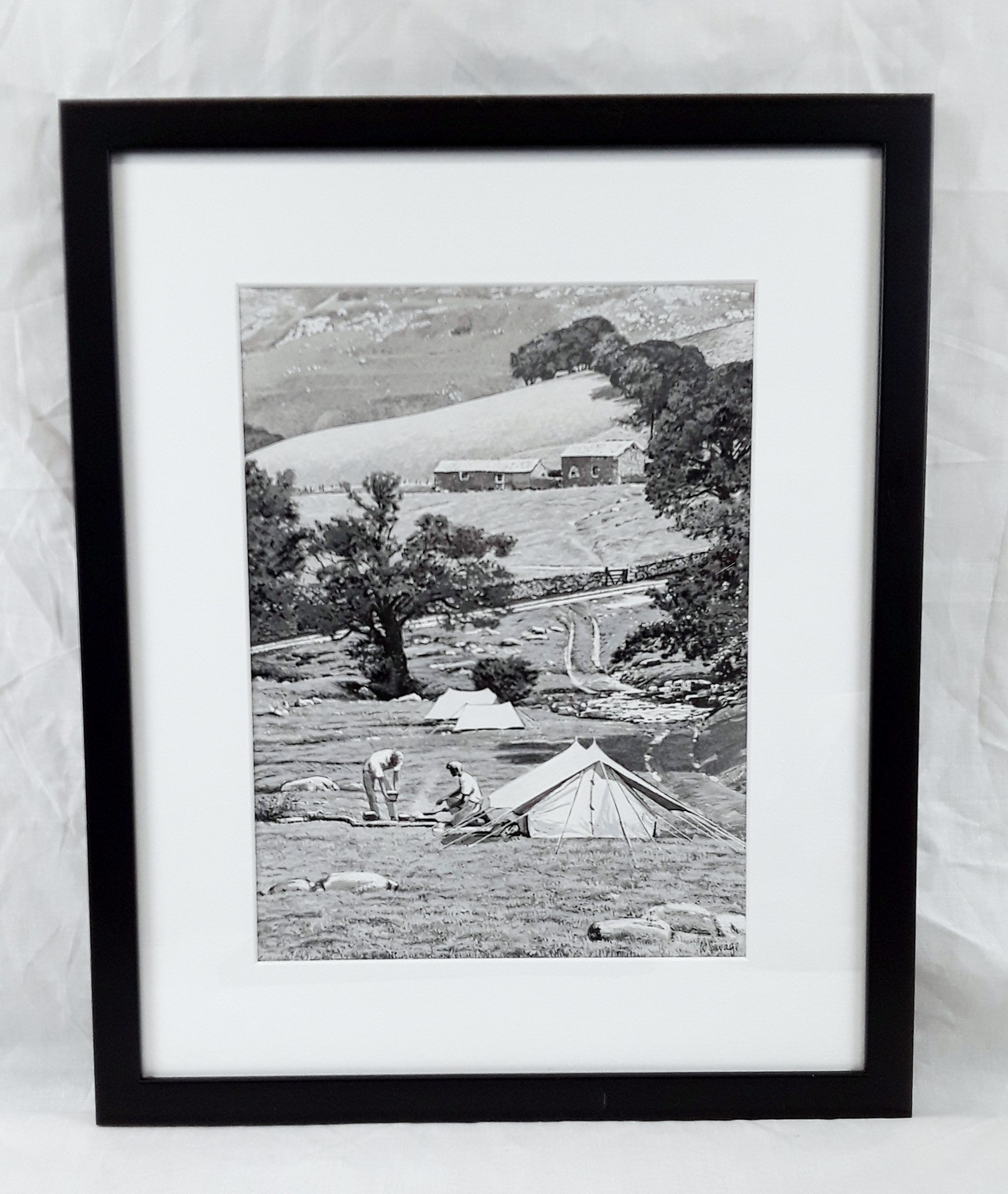 Framed Ink & Watercolour Illustration Of Campers by W. Savage c1960's