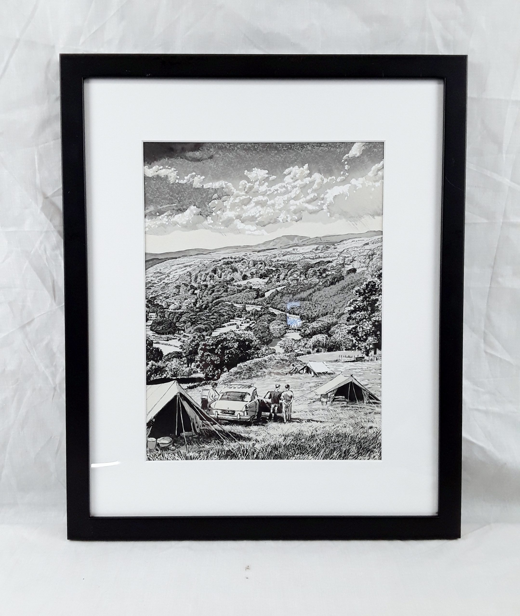 Framed Ink & Watercolour Illustration Of Campers Attributed to W. Savage c1960's