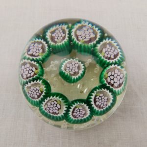 Green And White Millefiori Flowers Paperweight
