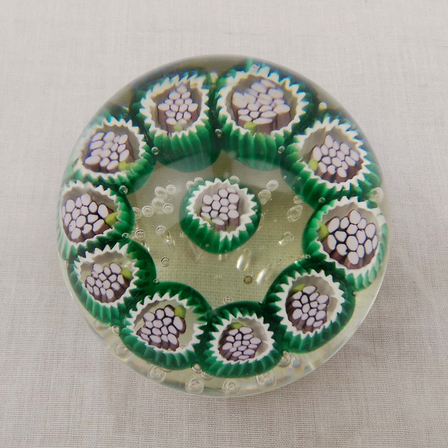 Green And White Millefiori Flowers Paperweight