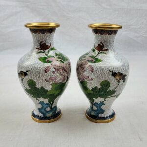 Mirror Pair Of Early 20th Century Chinese Cloisonne Vases With Chrysanthemum And Birds