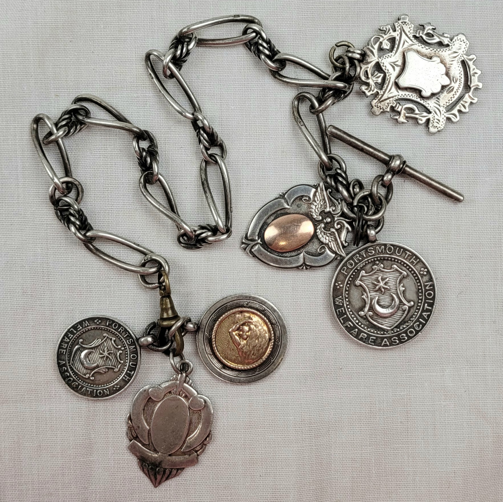 Sterling Silver Albert Watch Chain With 6 Medallions, 2 With Gold Centres