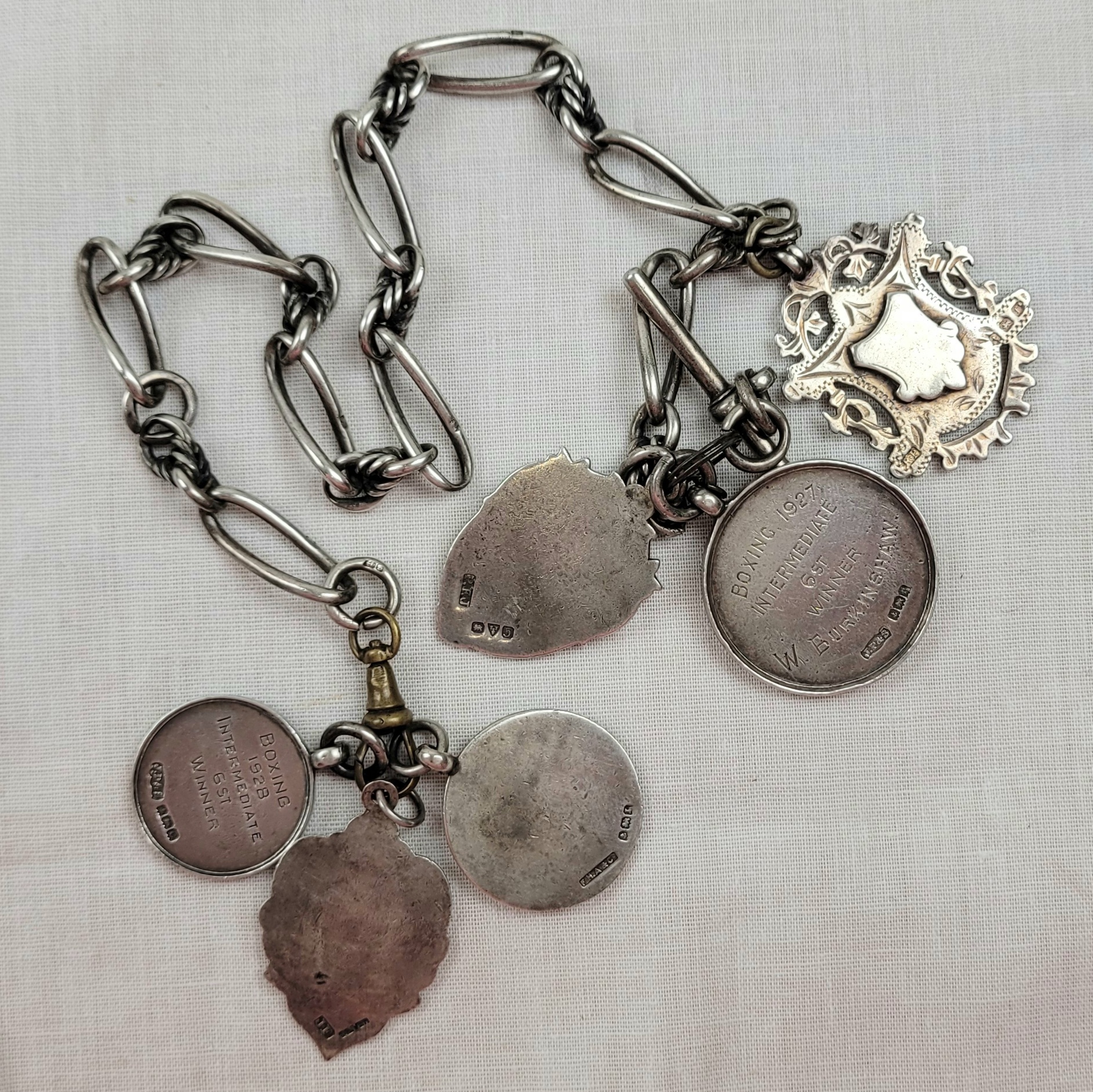 Sterling Silver Albert Watch Chain With 6 Medallions, 2 With Gold Centres - Image 2