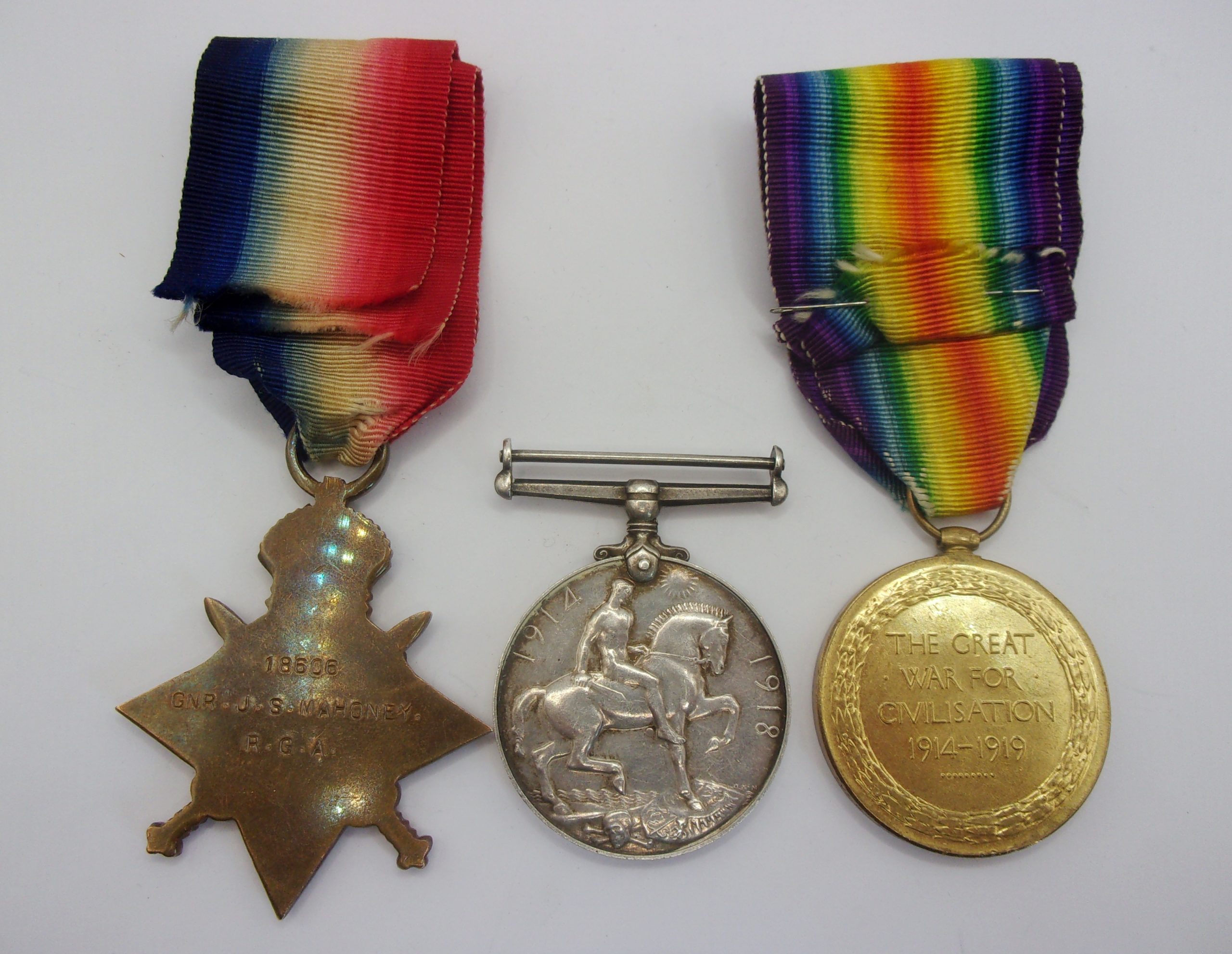 WW1 Medal Trio To Gunner J.S. Mahoney R.G.A.