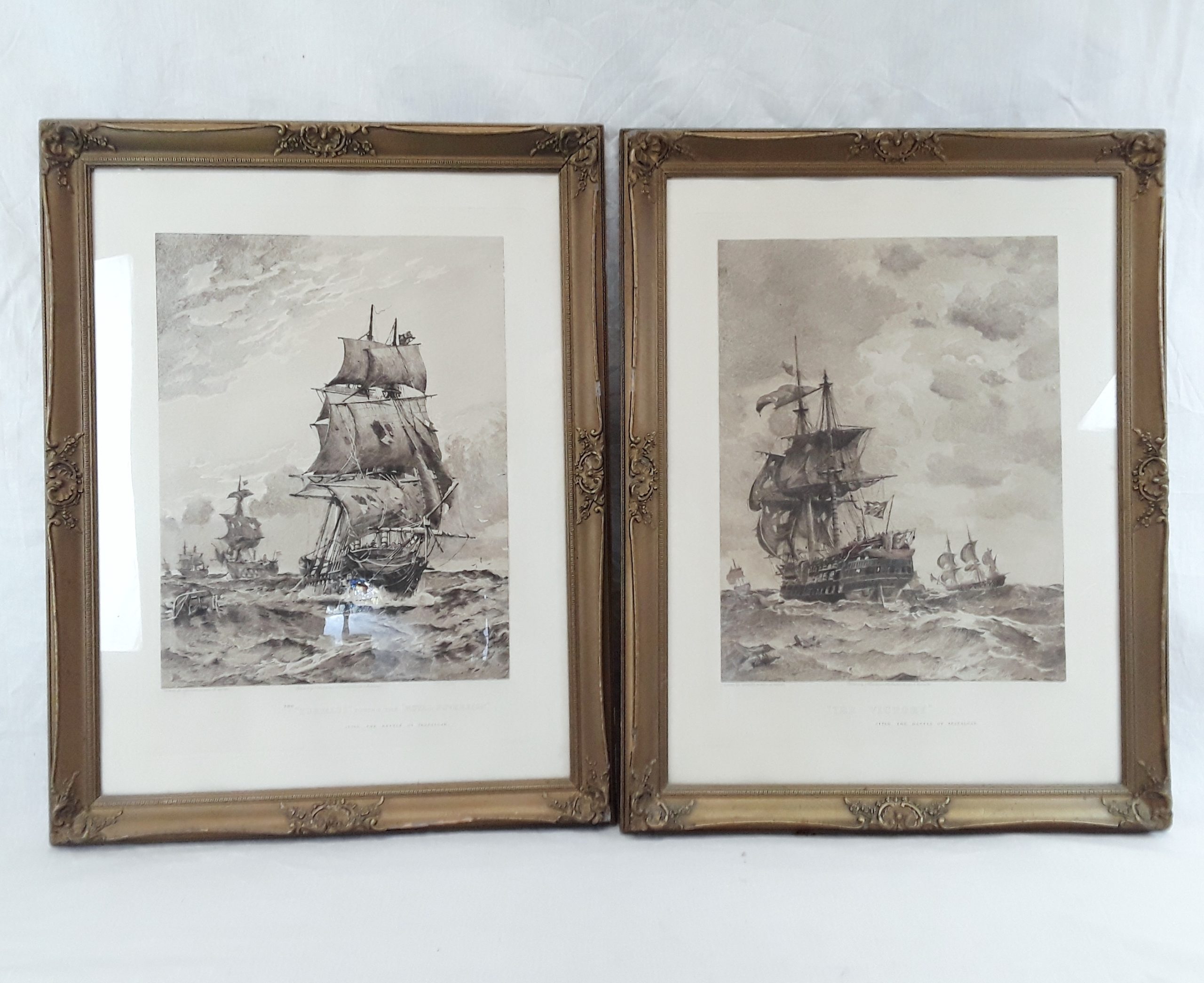 c1880 Framed Pair Of Lithographic Prints 'The Victory and The Euryalus After The Battle Of Trafalgar' by Chevalier Eduardo De Martino (1838-1912)