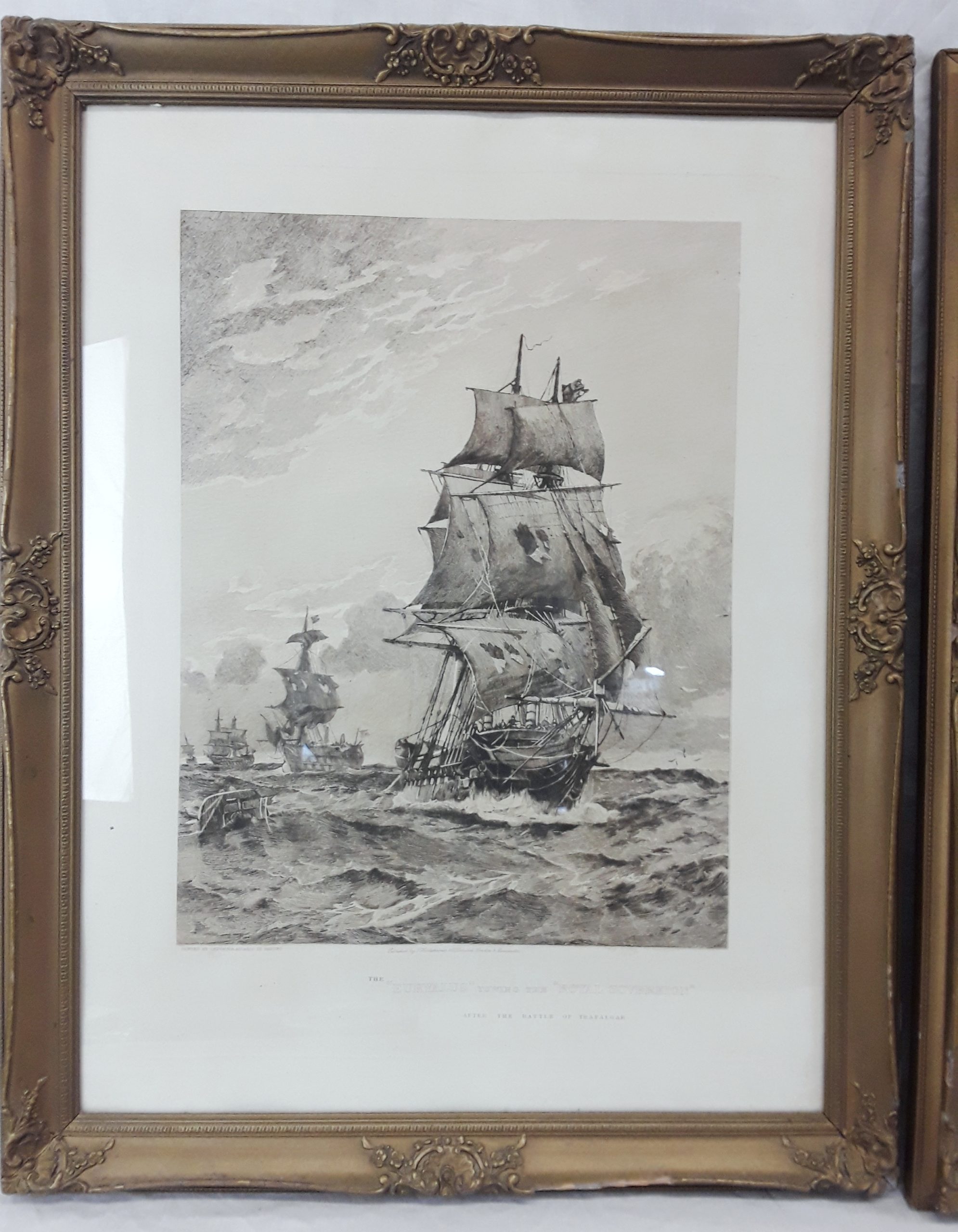 c1880 Framed Pair Of Lithographic Prints 'The Victory and The Euryalus After The Battle Of Trafalgar' by Chevalier Eduardo De Martino (1838-1912) - Image 2