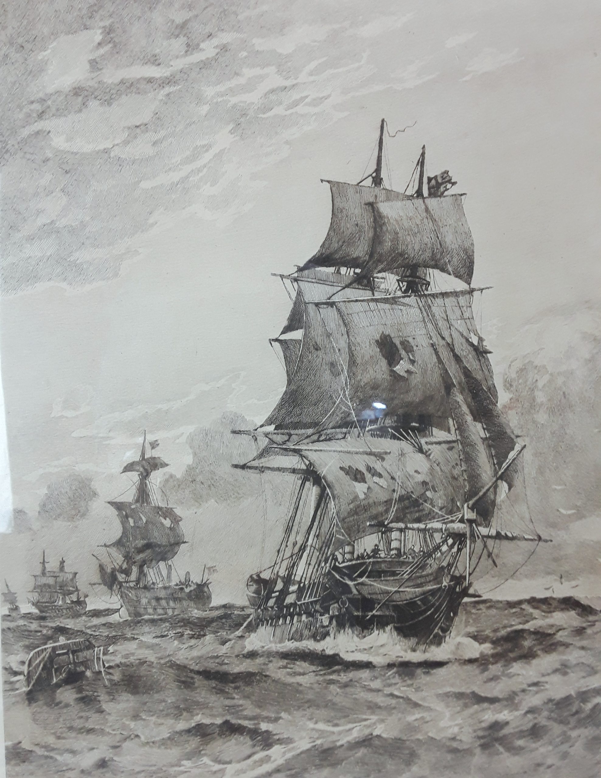 c1880 Framed Pair Of Lithographic Prints 'The Victory and The Euryalus After The Battle Of Trafalgar' by Chevalier Eduardo De Martino (1838-1912) - Image 5