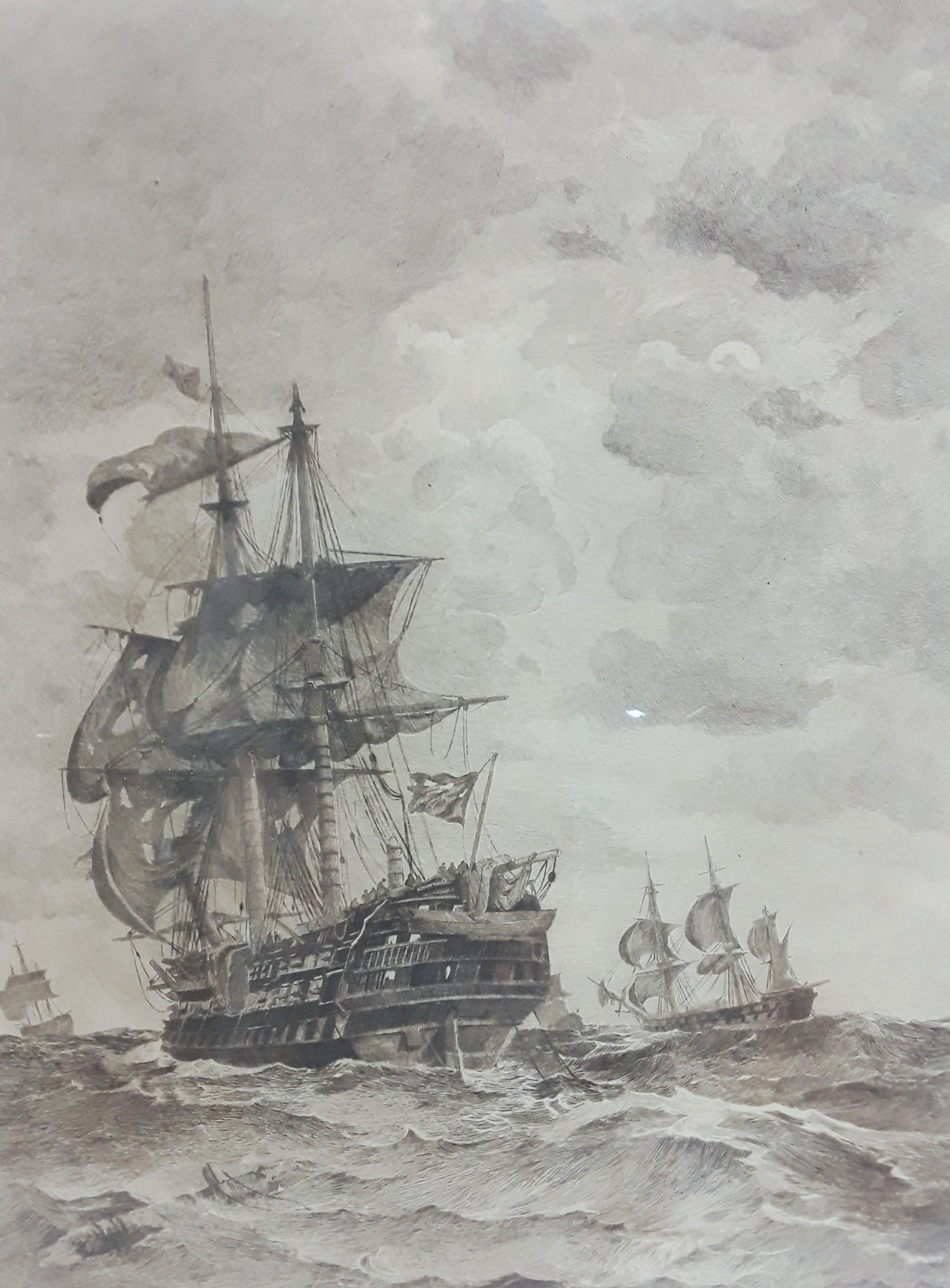 c1880 Framed Pair Of Lithographic Prints 'The Victory and The Euryalus After The Battle Of Trafalgar' by Chevalier Eduardo De Martino (1838-1912) - Image 9