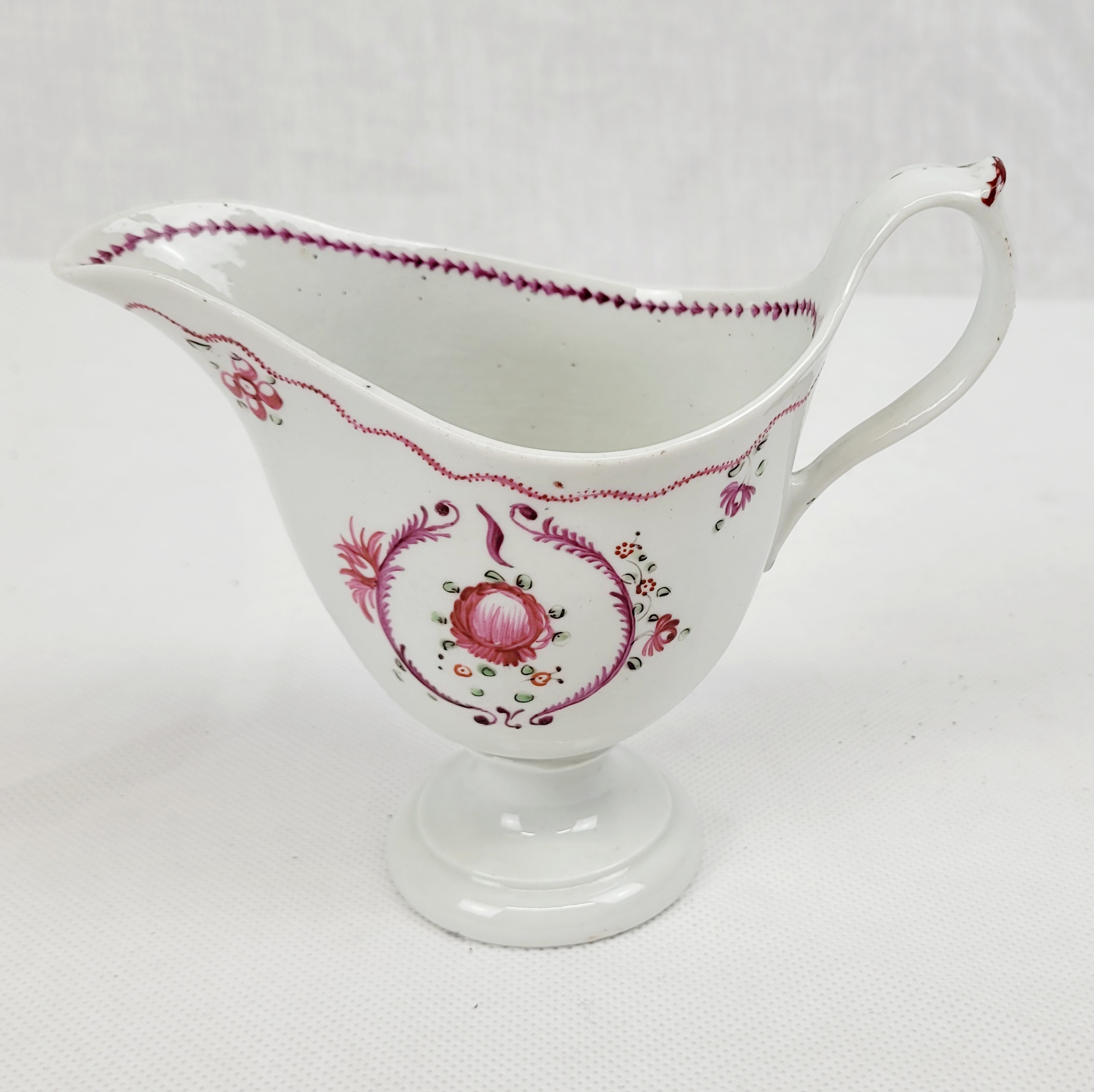 Circa 1790 New Hall Porcelain Cream Jug With Pink Flowers And Dotted Ribbons
