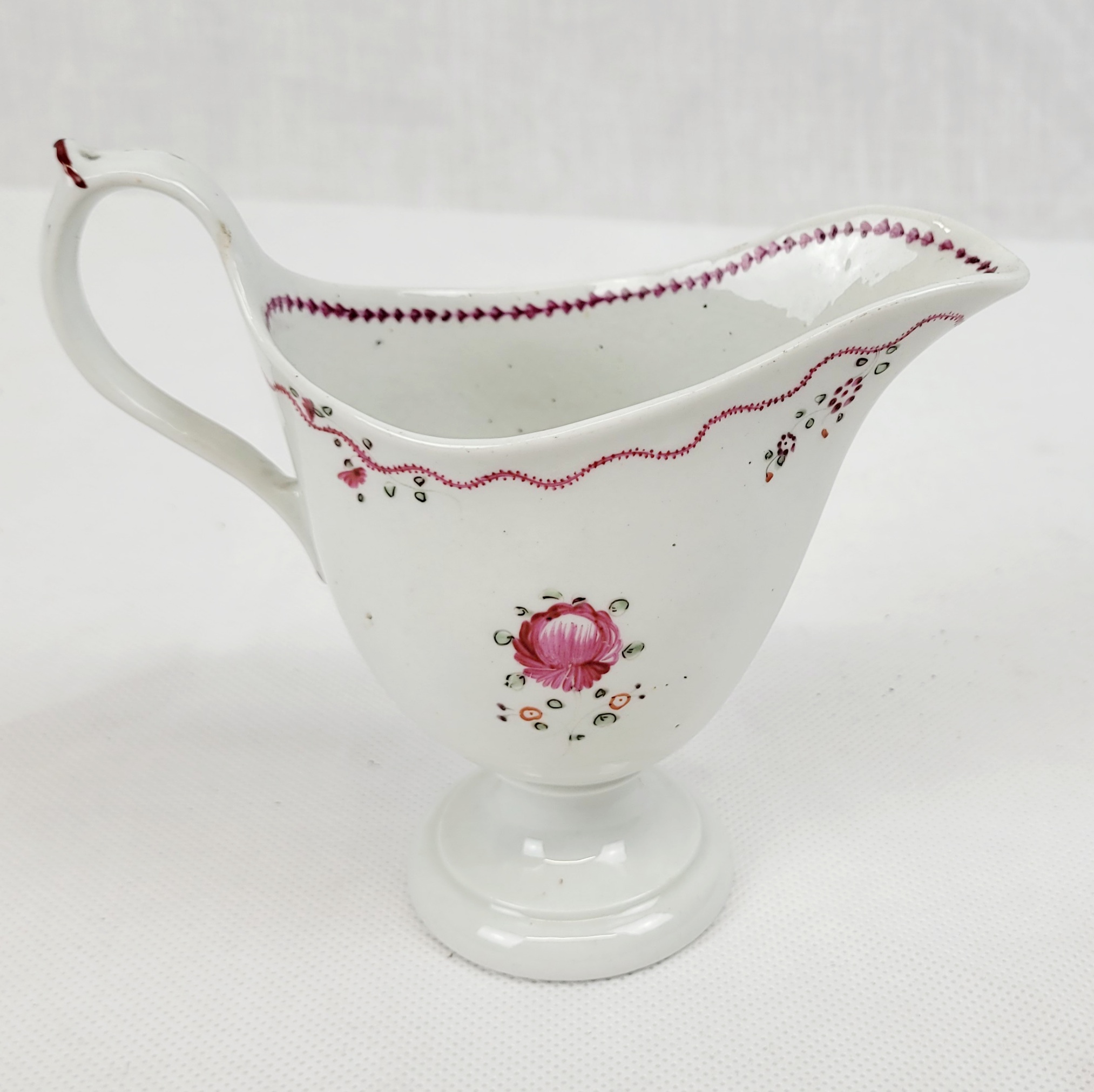 Circa 1790 New Hall Porcelain Cream Jug With Pink Flowers And Dotted Ribbons - Image 2
