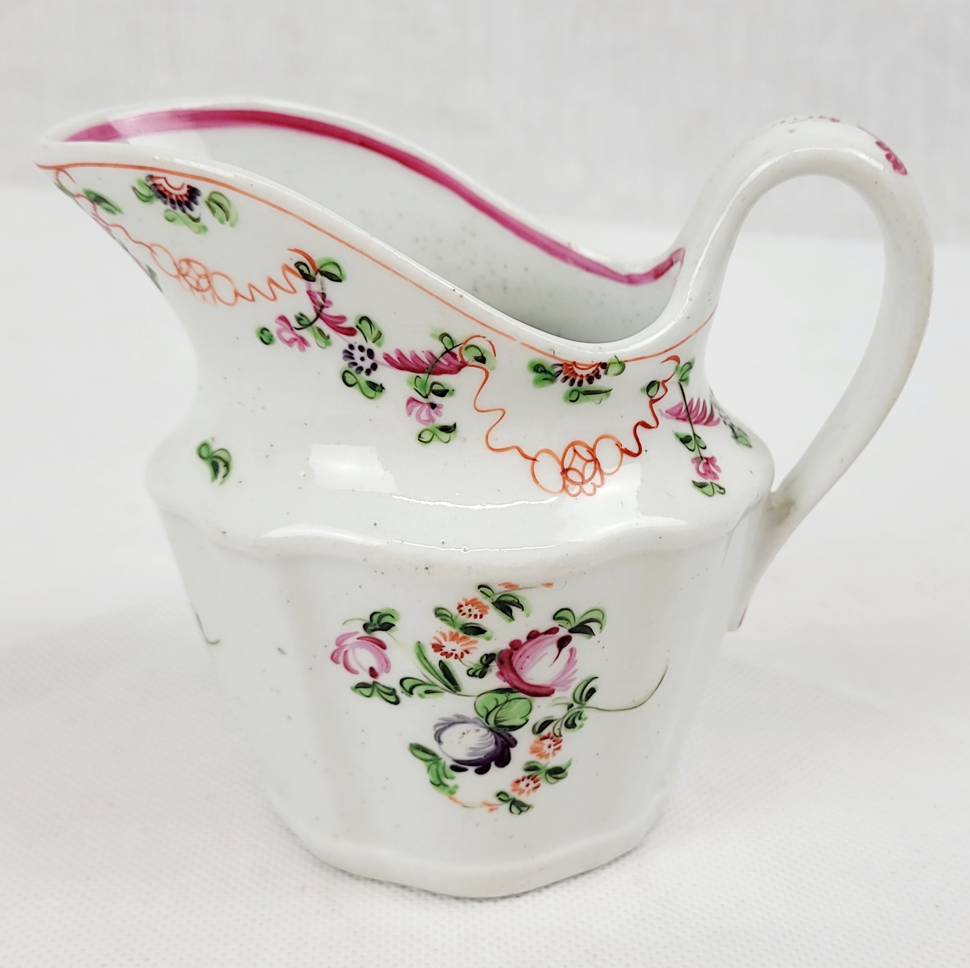 Circa 1790 New Hall Porcelain Cream Jug With Pink Flowers And Red Ribbons