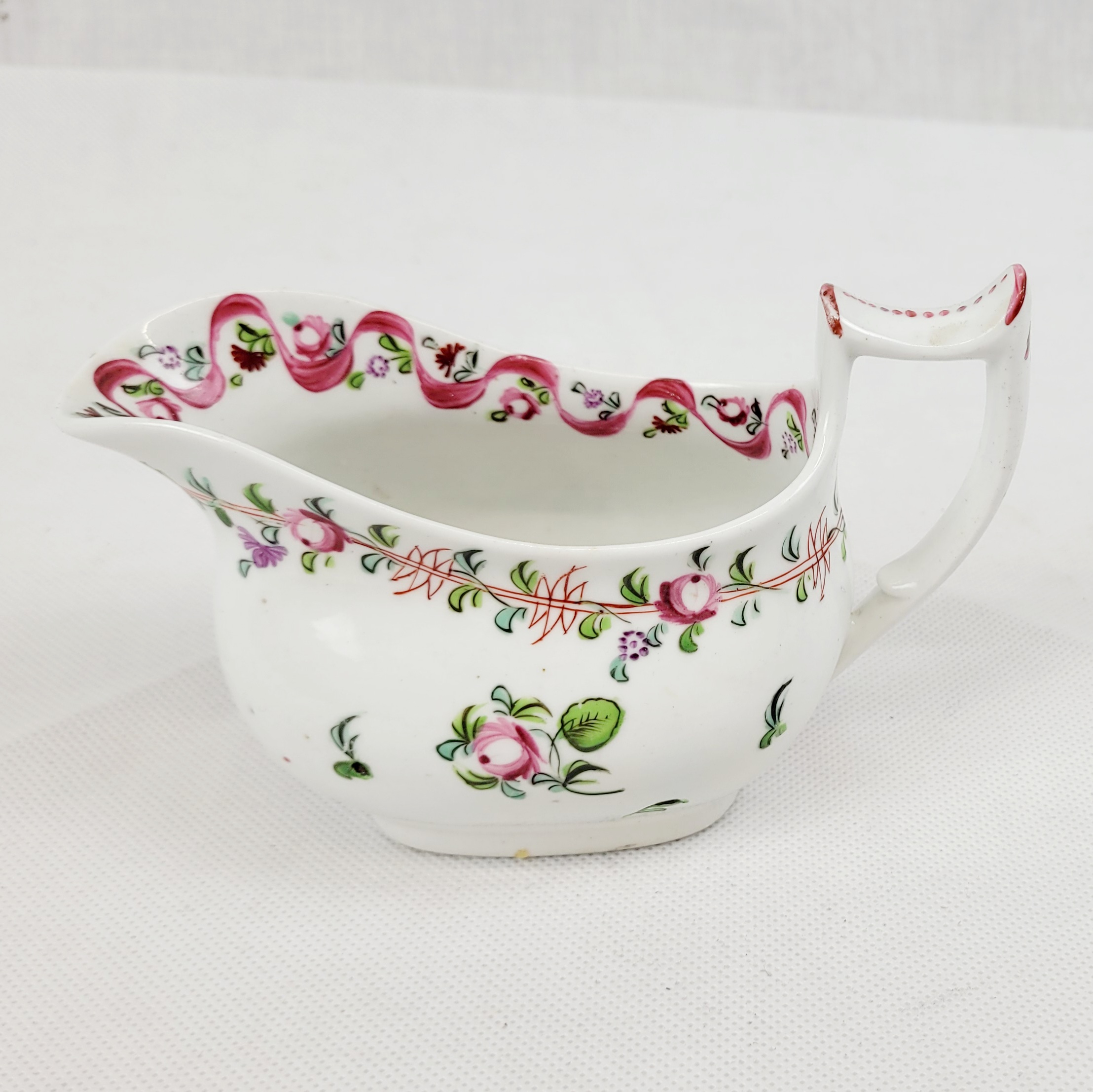 Circa 1790 New Hall Porcelain Cream Jug With Pink Flowers And Garlands