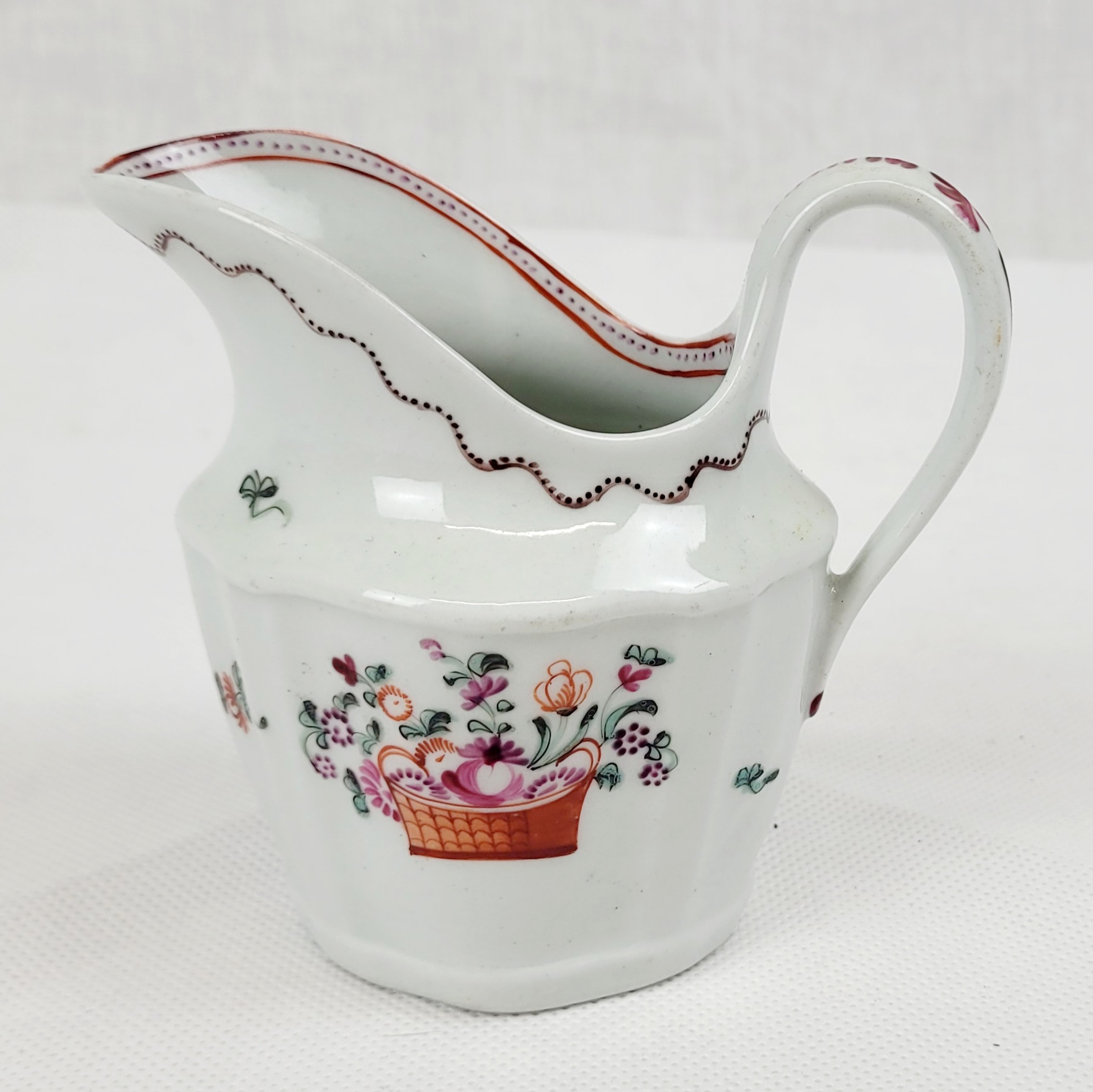 Circa 1780 New Hall Porcelain Cream Jug With Pink And Red Flowers And Black Ribbons