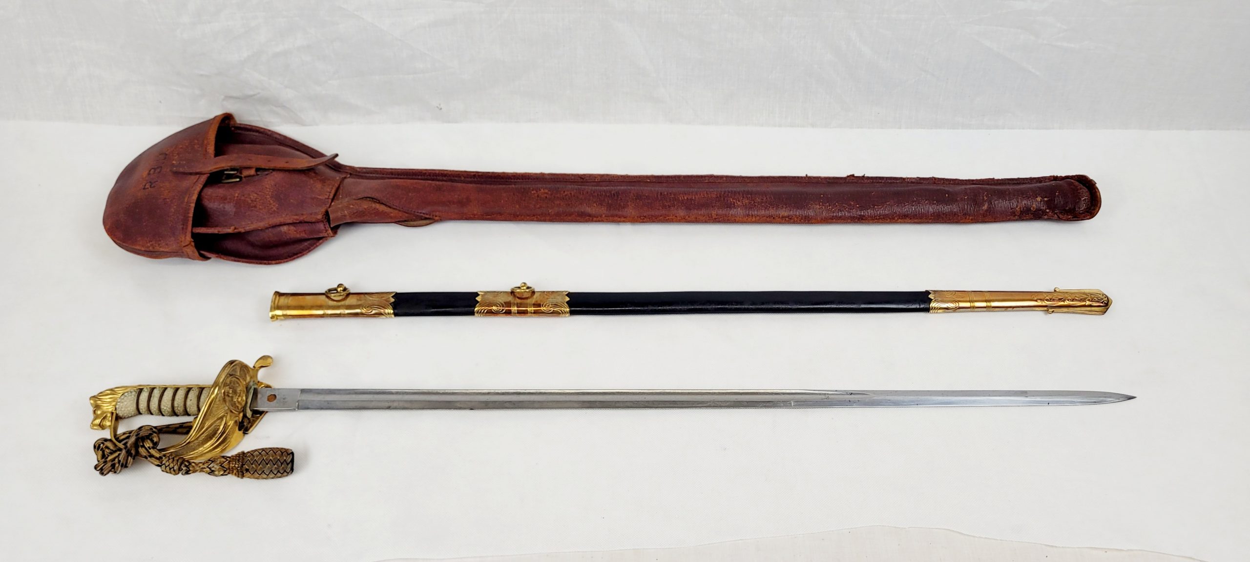 Circa WW2 Royal Navy 1827 Pattern Officers Sword, Scabbard And Leather Sword Bag By Gieves