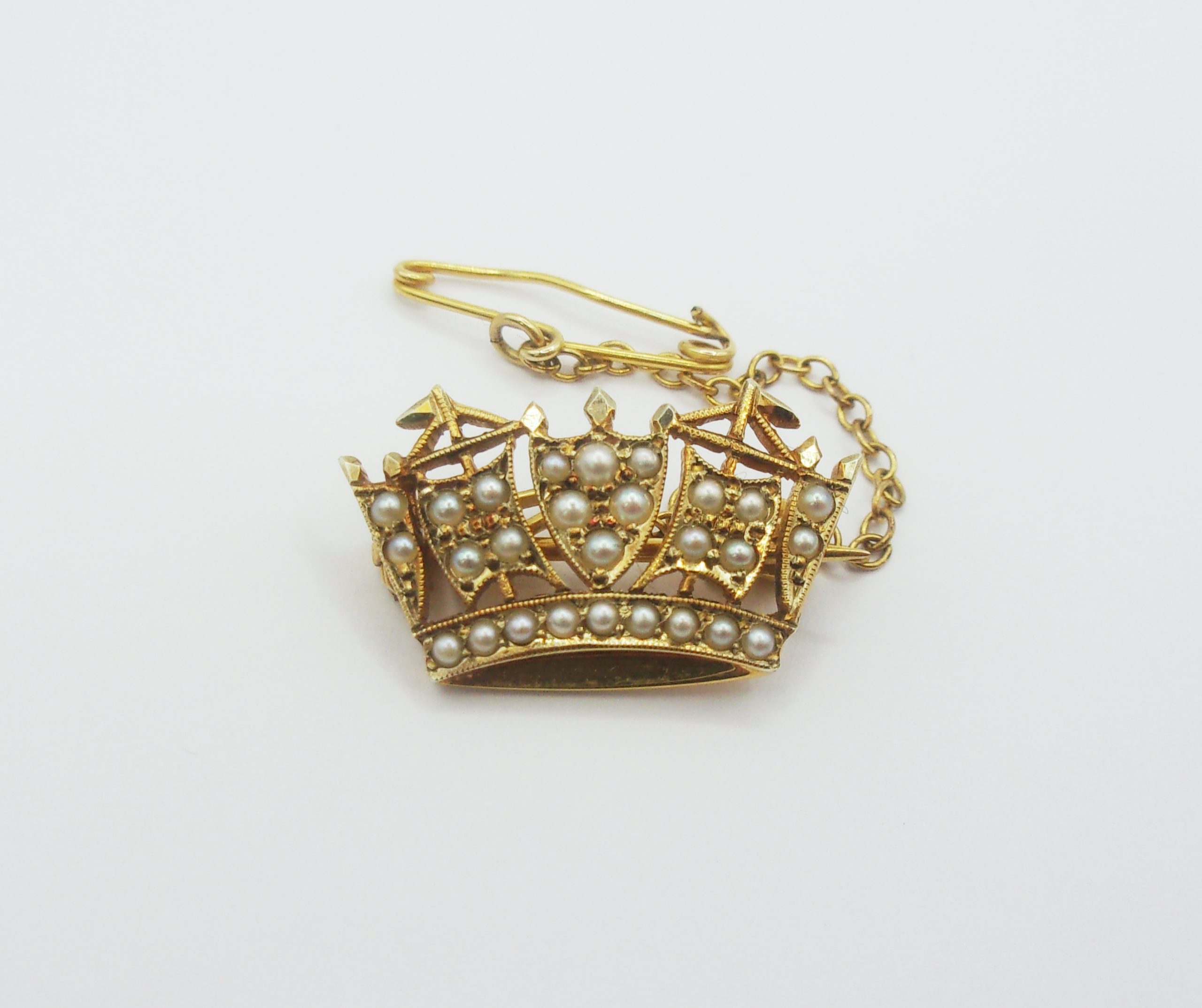 9ct Yellow Gold & Pearl Royal Navy Crown Brooch