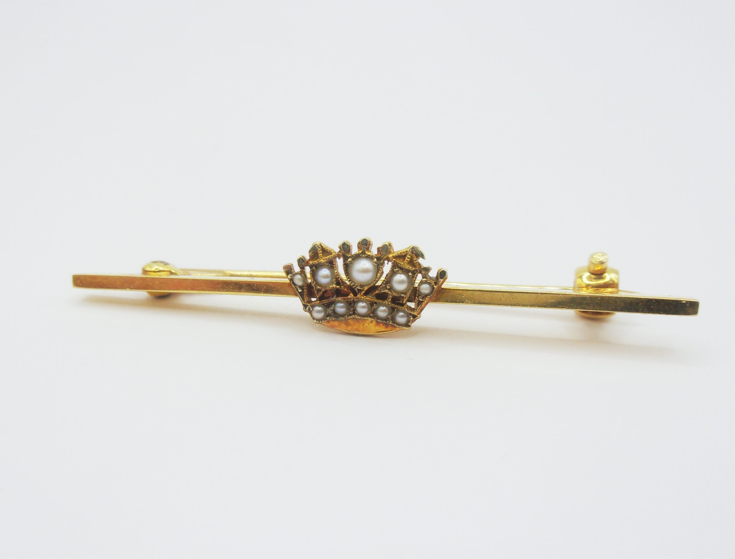 9ct Yellow Gold & Pearl Royal Navy Crown Bar Brooch