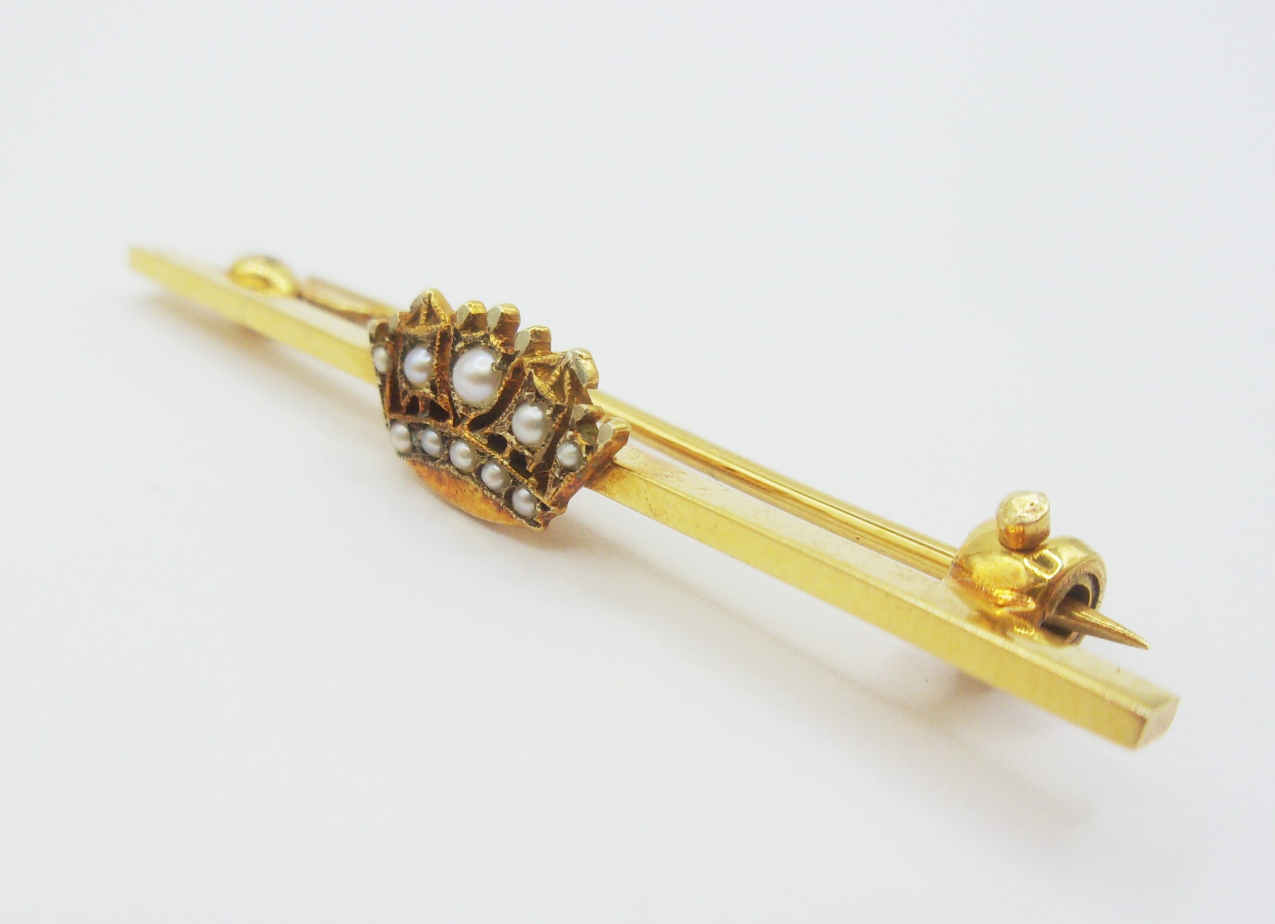 9ct Yellow Gold & Pearl Royal Navy Crown Bar Brooch - Image 4