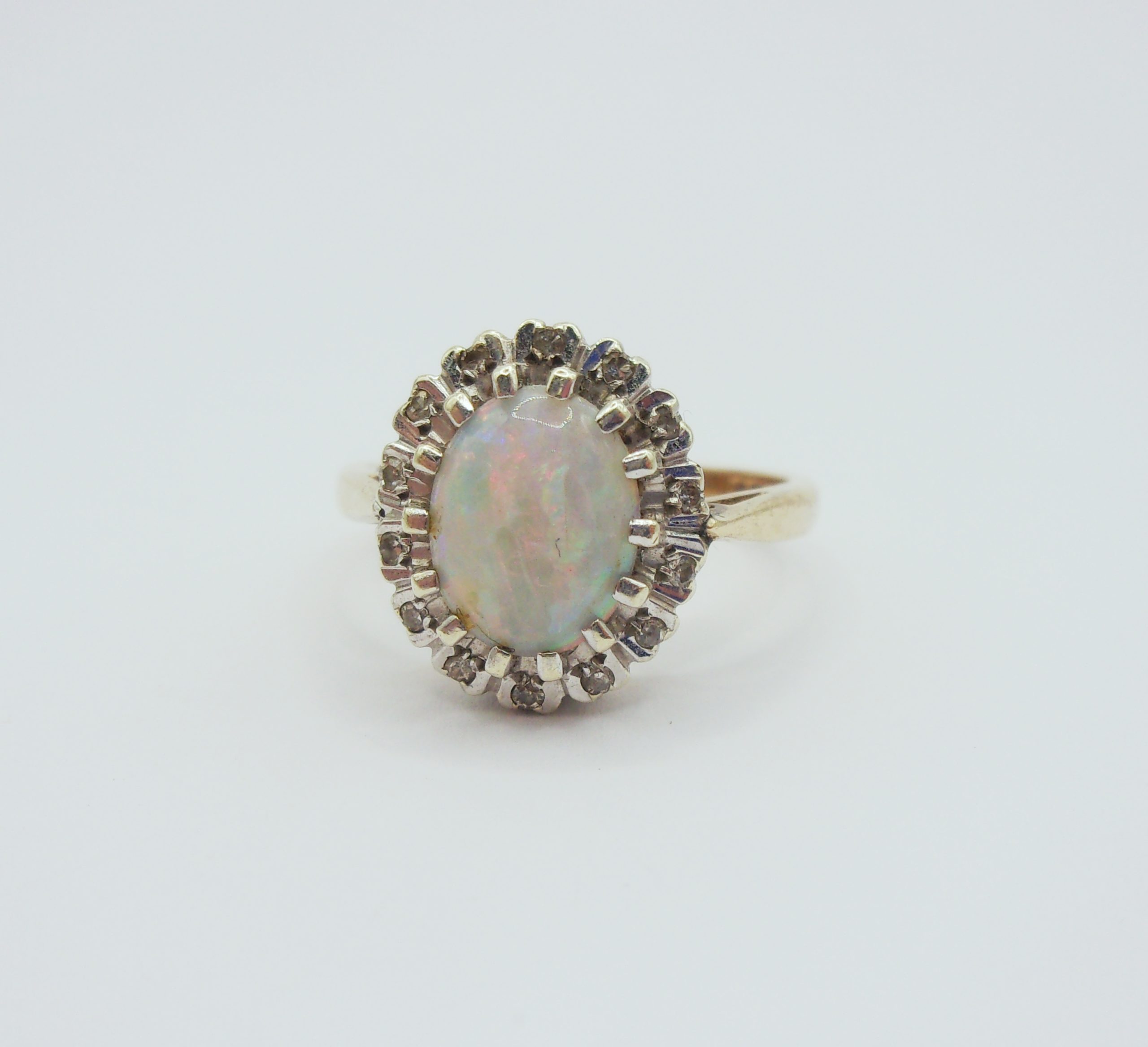 9ct Yellow Gold Opal & Diamond Flower Head Ring UK Size M US 6