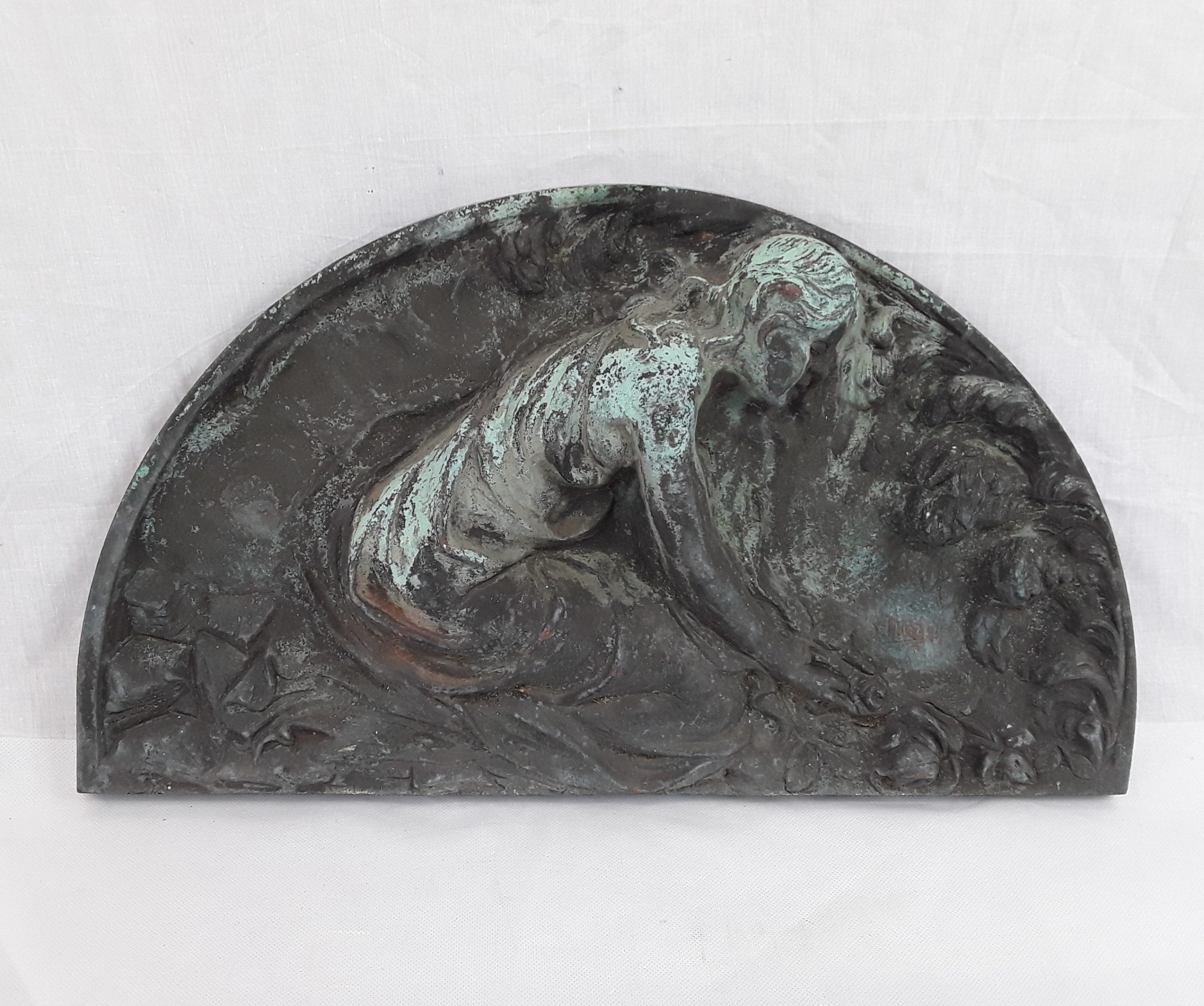 c1900 Art Nouveau Bronze Wall Plaque Of Girl With Flowers Signed S. Hozer