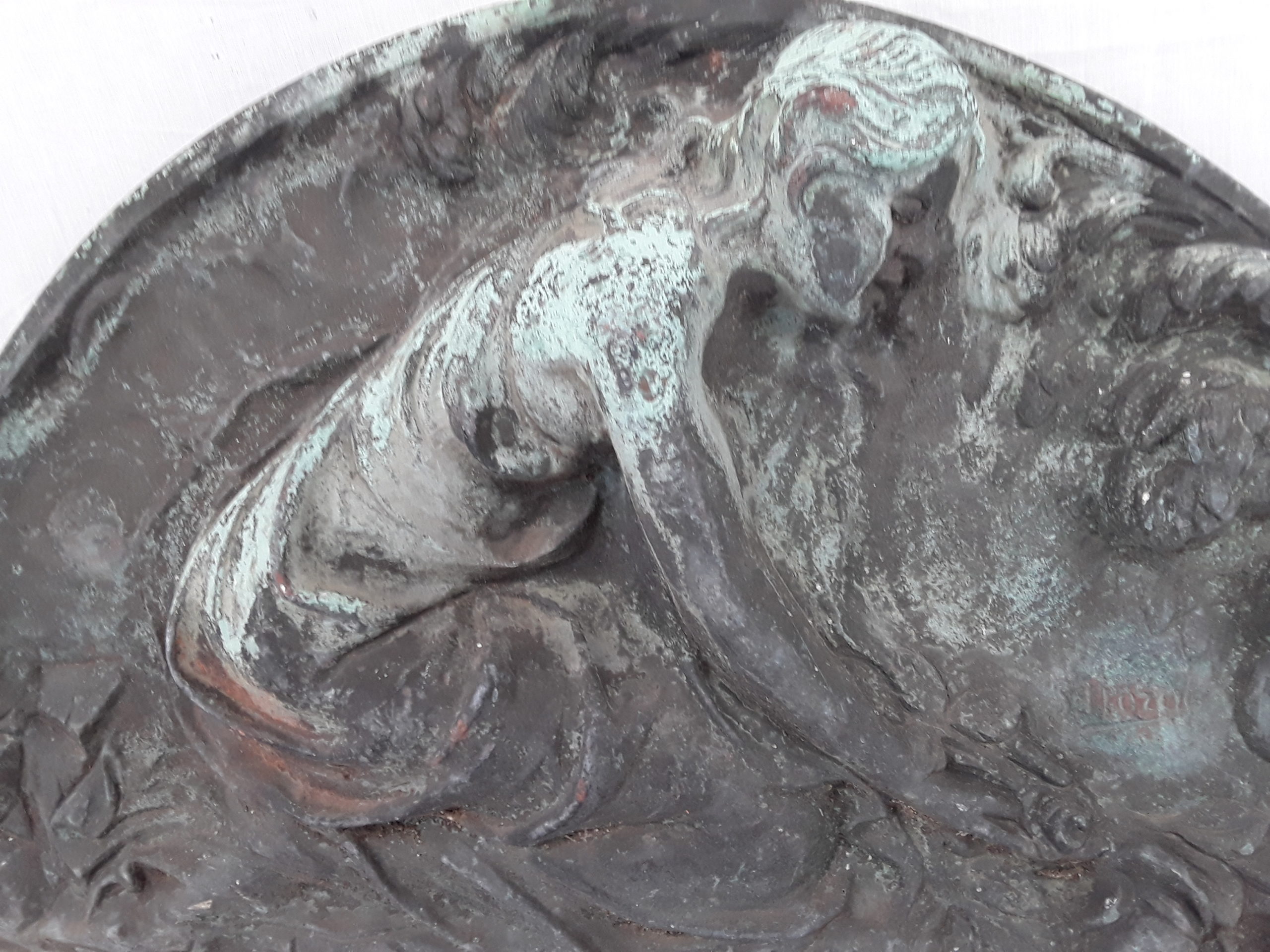 c1900 Art Nouveau Bronze Wall Plaque Of Girl With Flowers Signed S. Hozer - Image 4