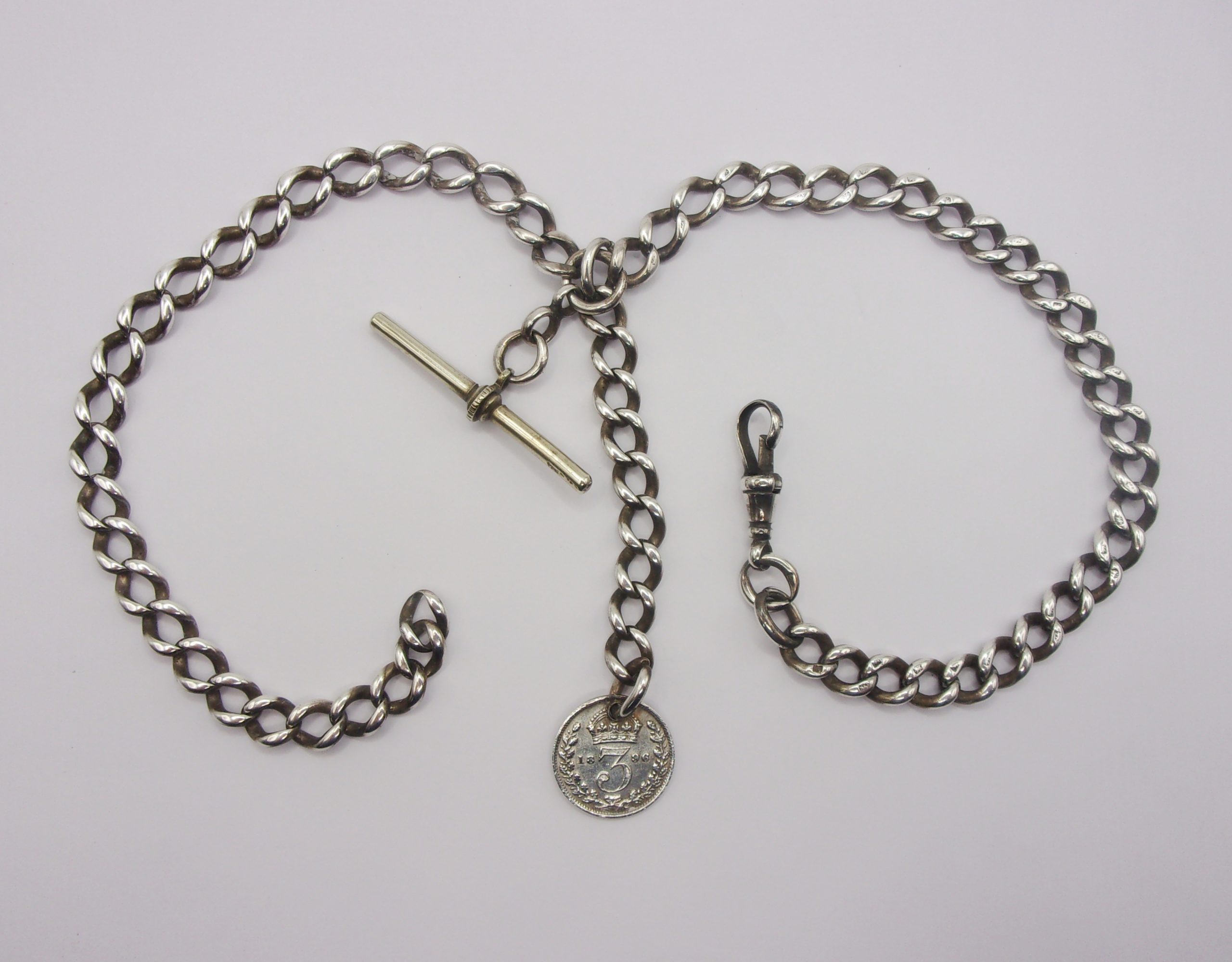 Sterling Silver Double Albert Watch Chain With Coin Fob