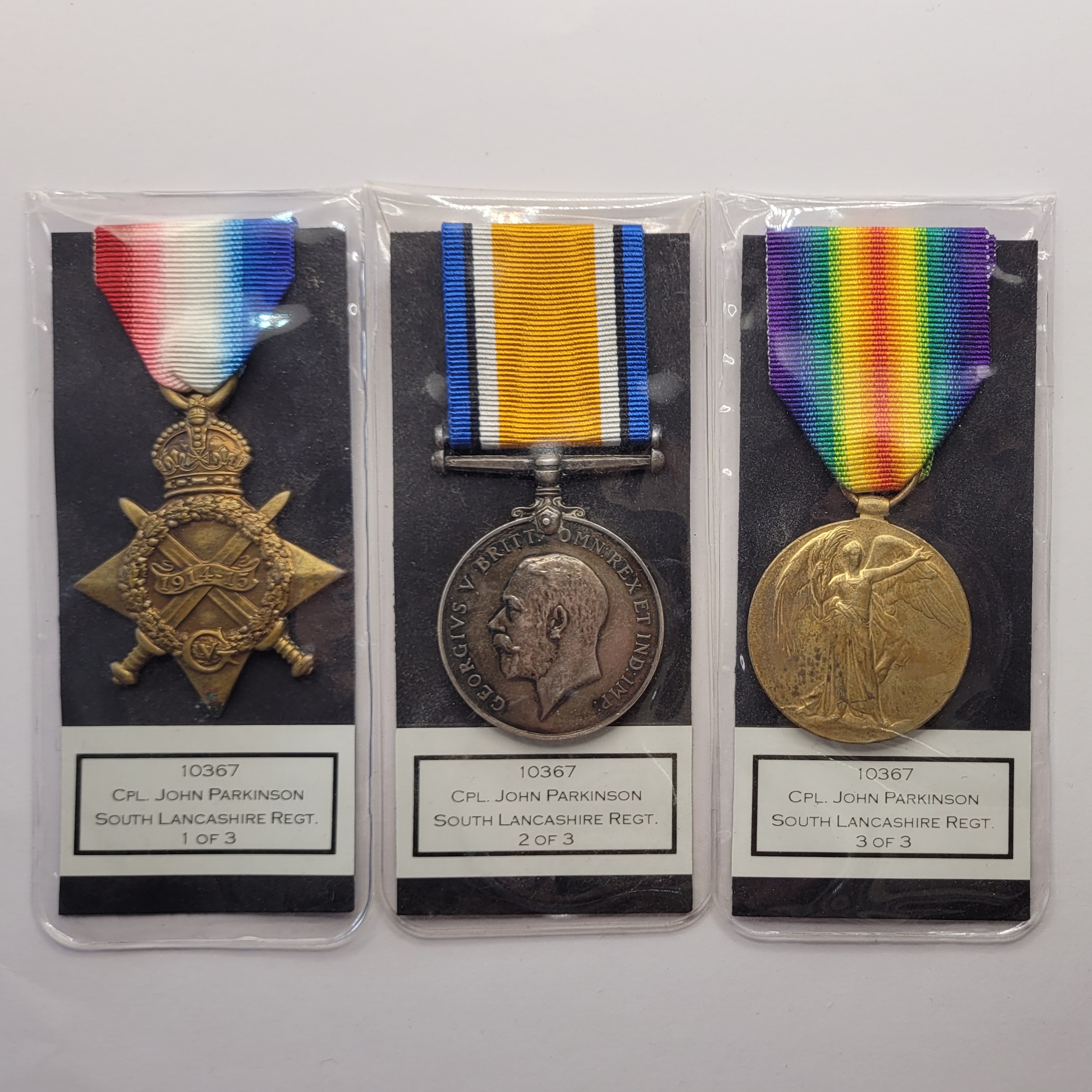 WW1 1914-15 Medal Trio to 10367 Corporal John Parkinson South Lancashire Regiment