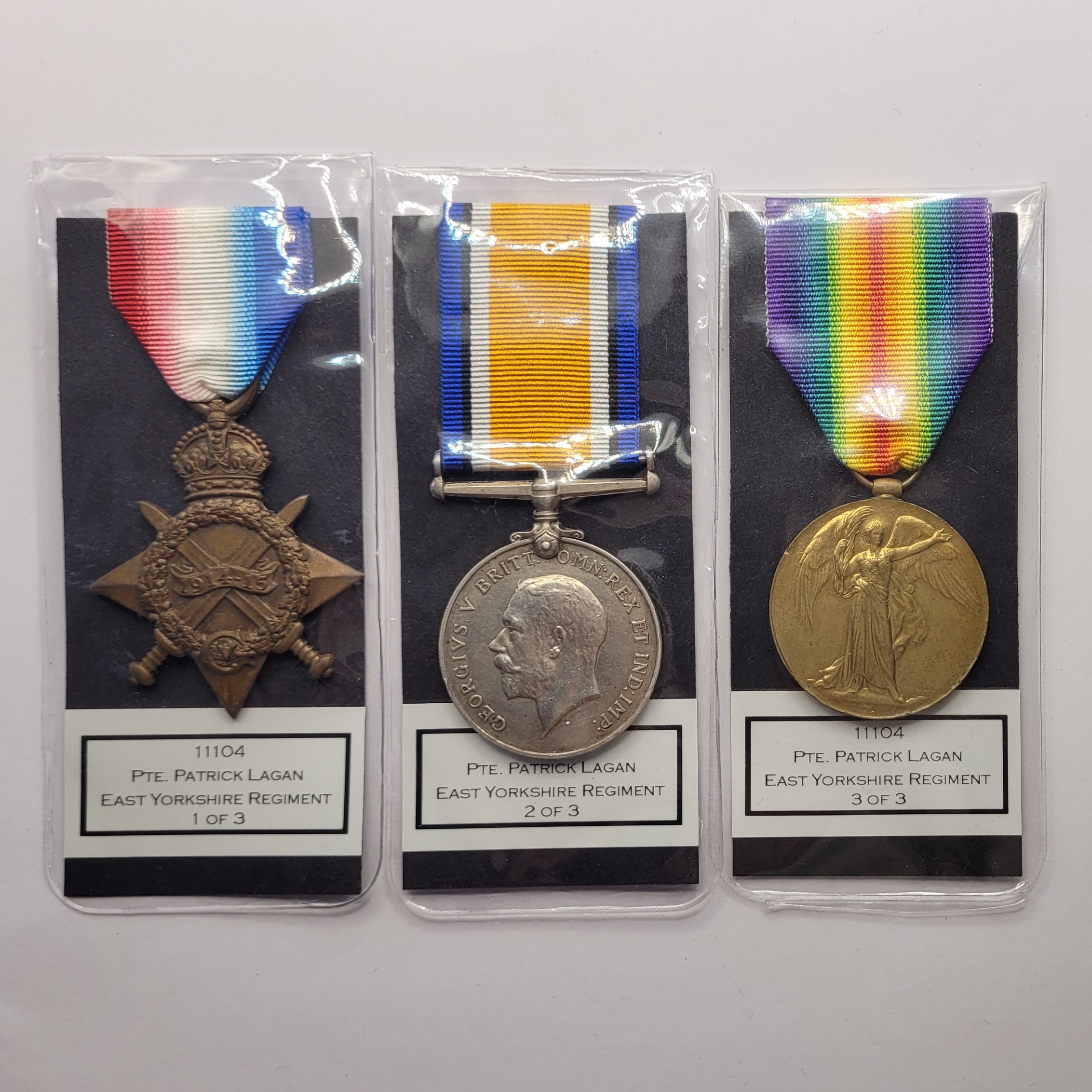 WW1 1914-15 Medal Trio to 11104 Pte Patrick Lagan East Yorkshire Regiment