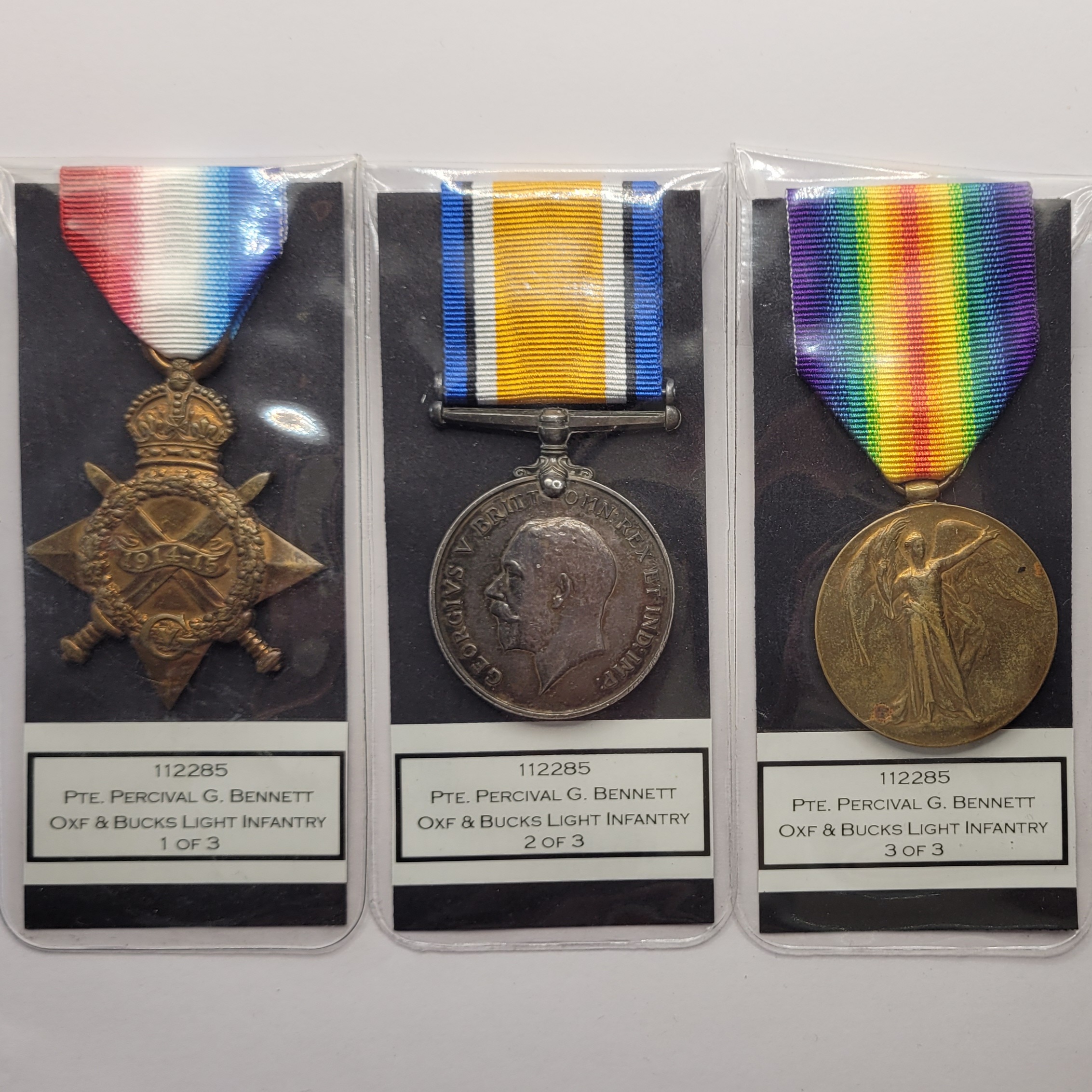 WW1 1914-15 Medal Trio to 112285 Pte. Percival G. Bennett Oxfordshire and Buckinghamshire Light Infantry