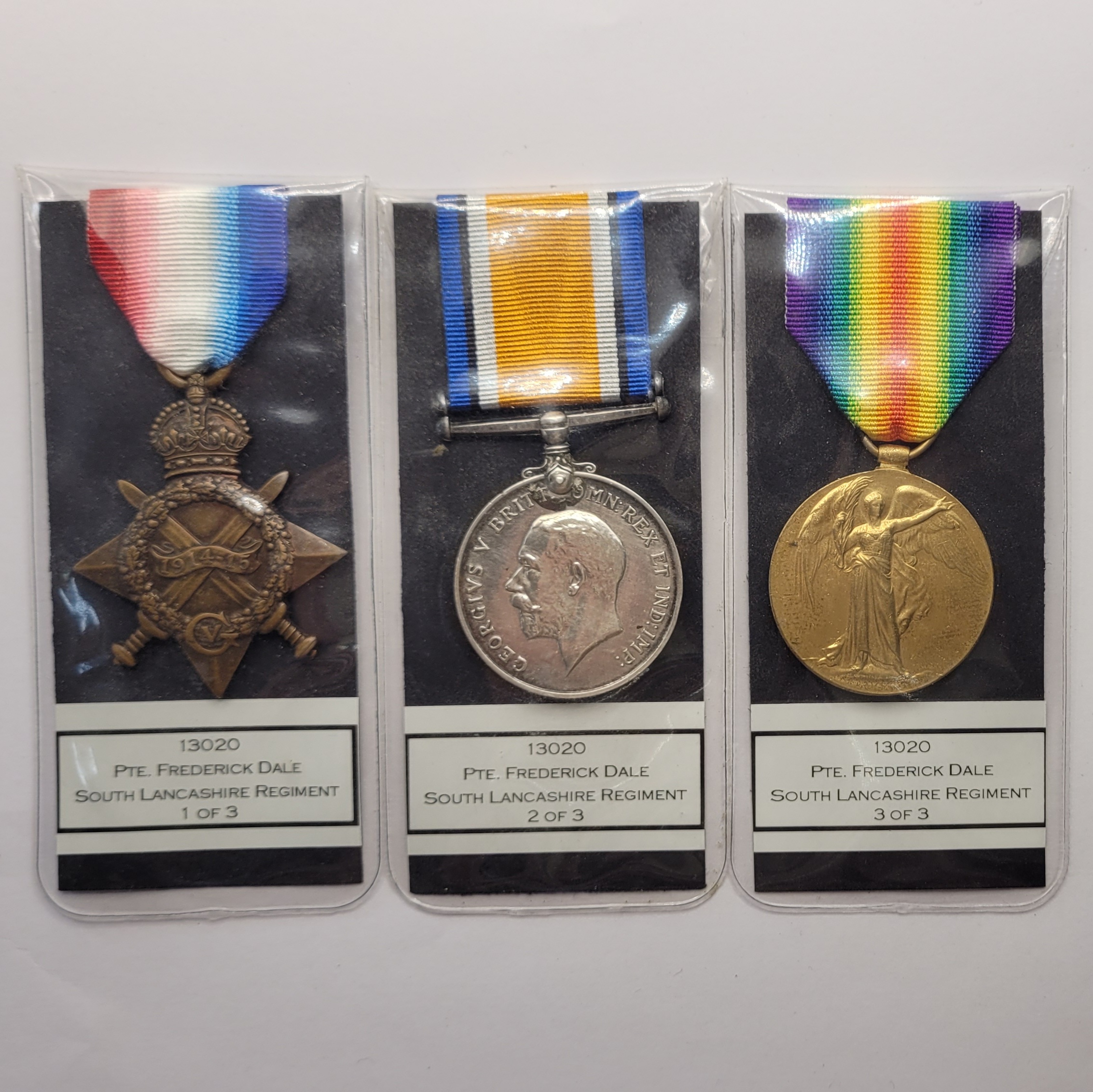 WW1 1914-15 Medal Trio to 13020 Pte Frederick Dale South Lancashire Regiment