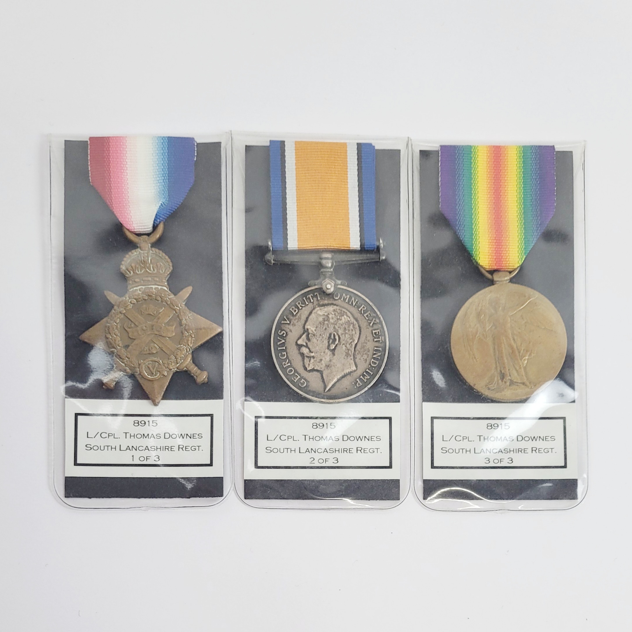 WW1 1914 Mons Star Medal Trio to 8915 Lance Corporal Thomas Downes of the South Lancashire Regiment
