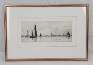 William L. Wyllie Signed Etching of Sailing Boats In Portsmouth Harbour