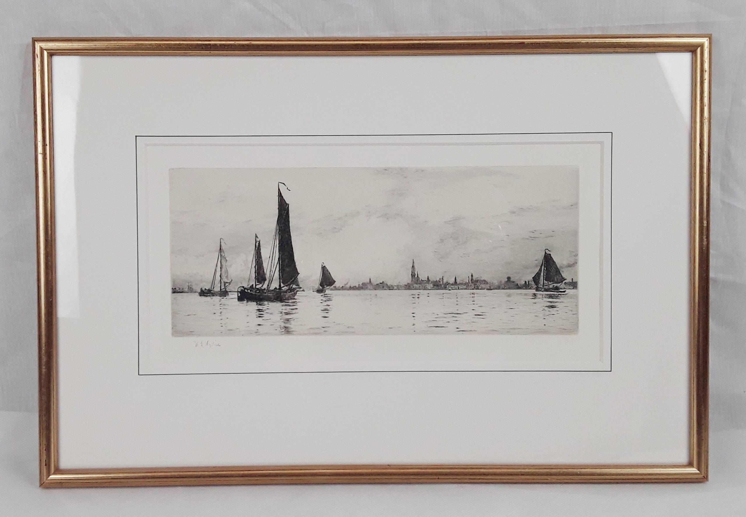 William L. Wyllie Signed Etching of Sailing Boats In Portsmouth Harbour