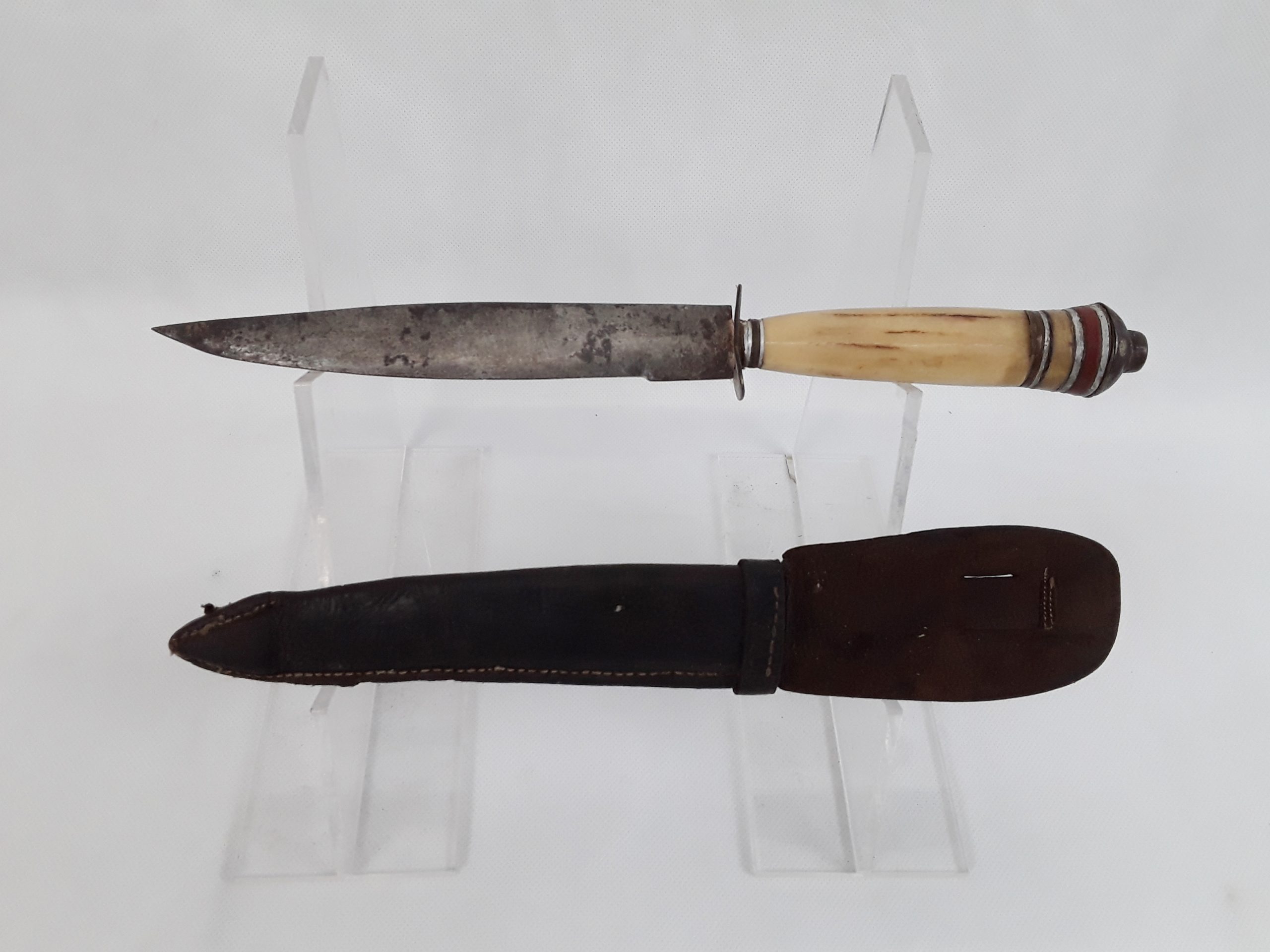 Mid 20th Century Bone Handled Hunting Knife And Leather Scabbard