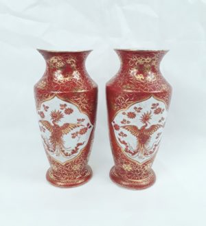 Circa 1880 Pair Of Japanese Phoenix Mirror Vases