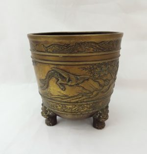 19th Century Chinese Brass Jardiniere With Exotic Birds