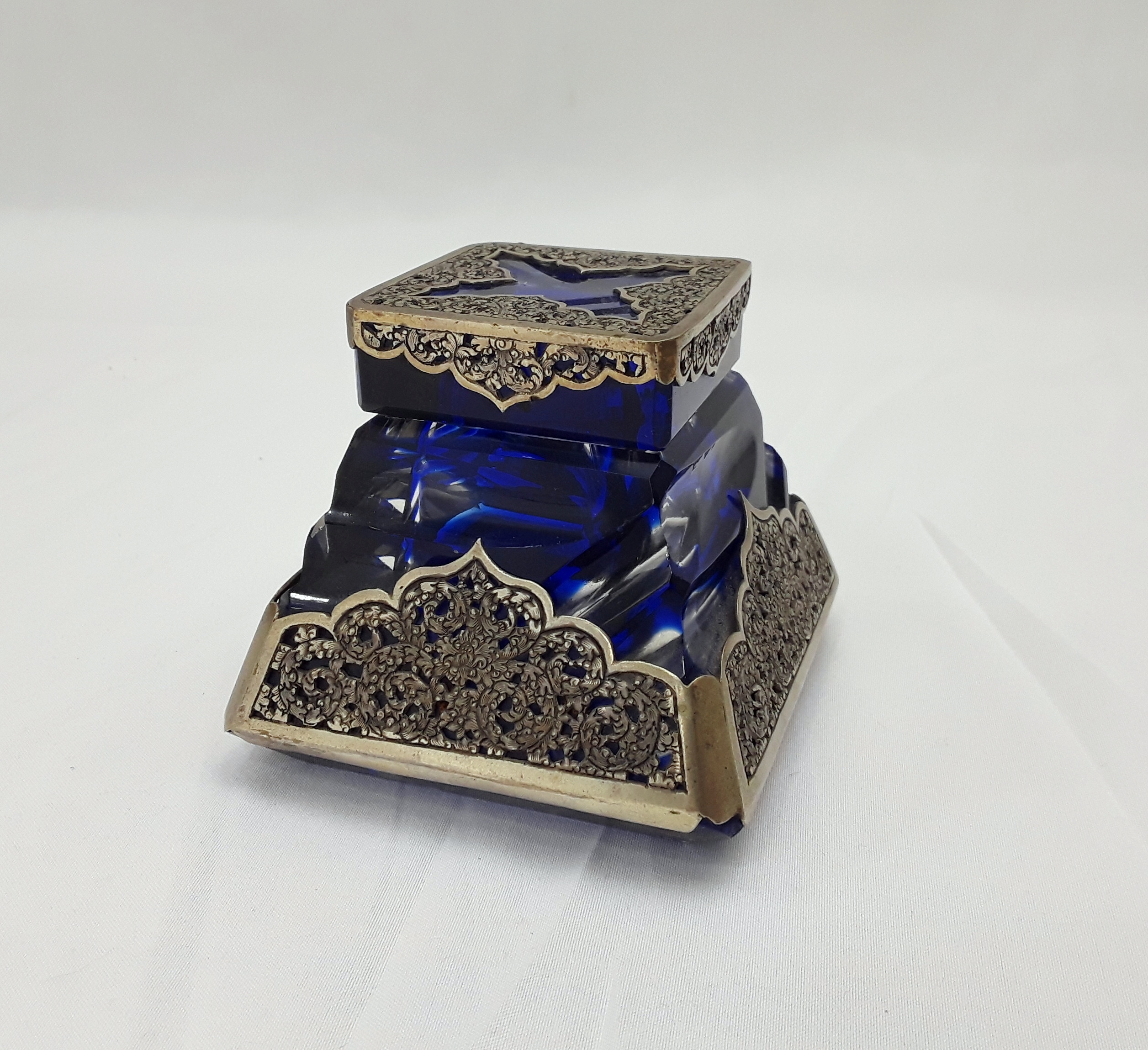 Early 20th Century Persian Blue Glass And White Metal Inkwell