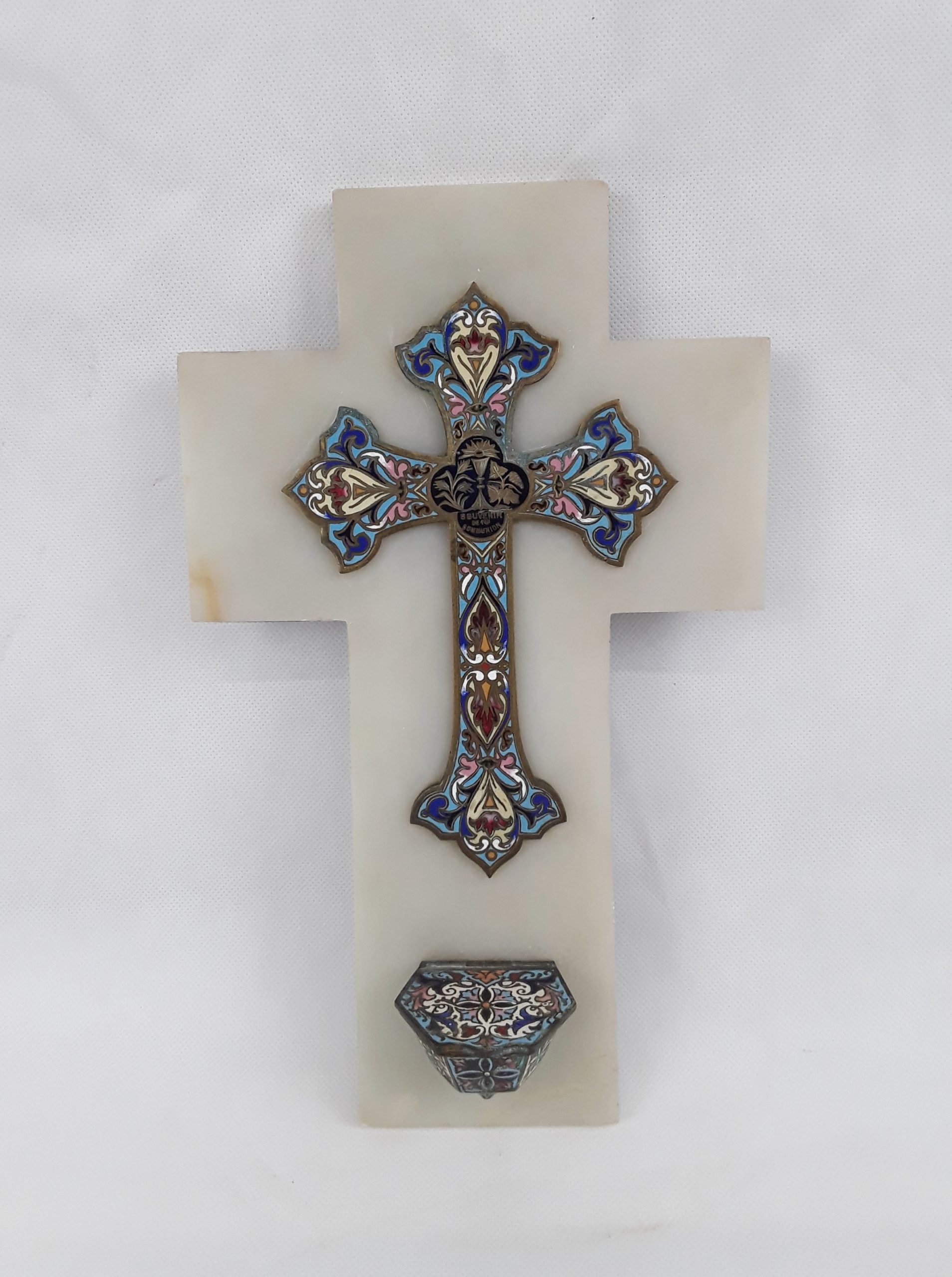 19th Century French Champlevé Enamel & Marble Cross with Font