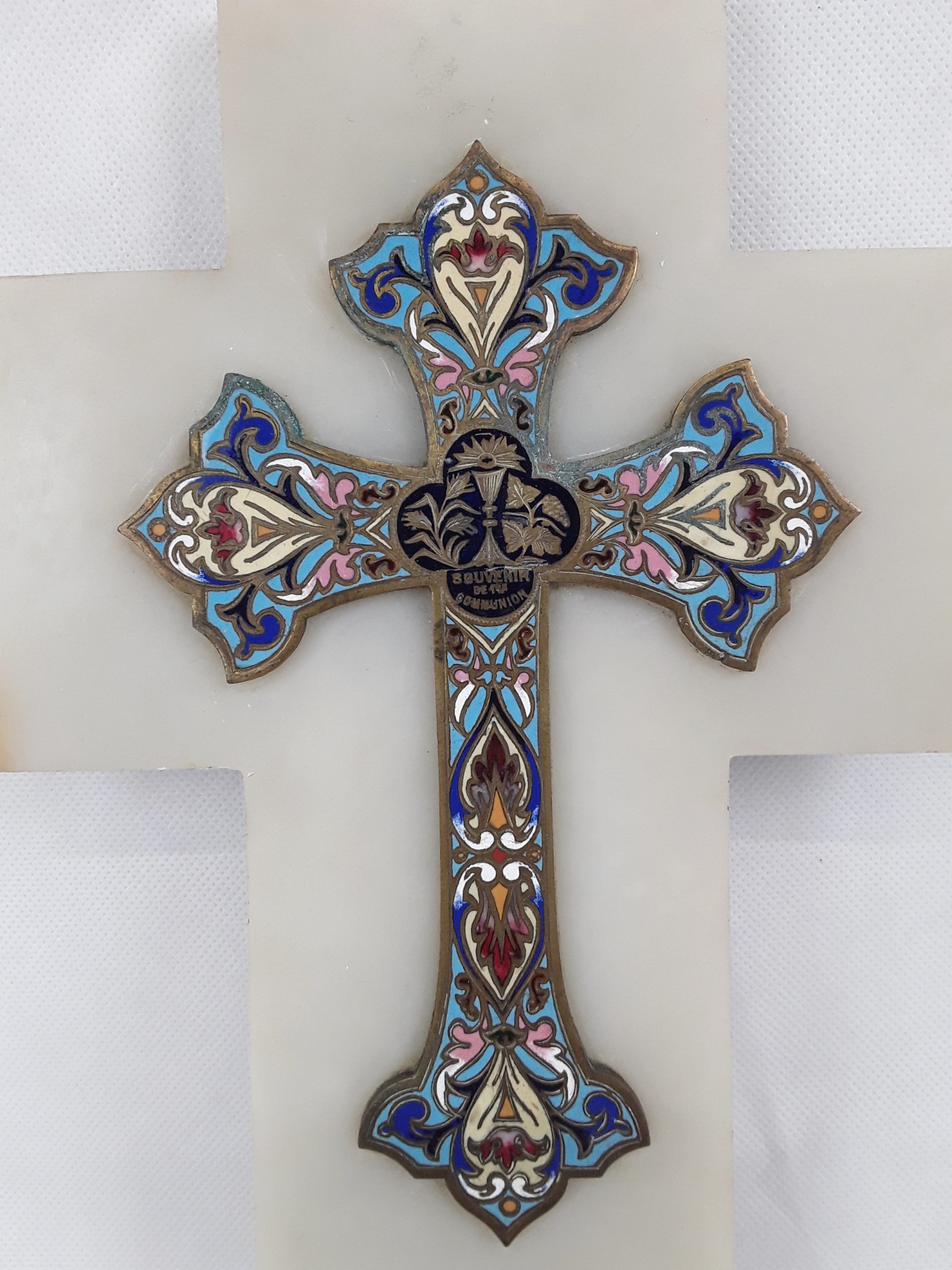 19th Century French Champlevé Enamel & Marble Cross with Font - Image 2
