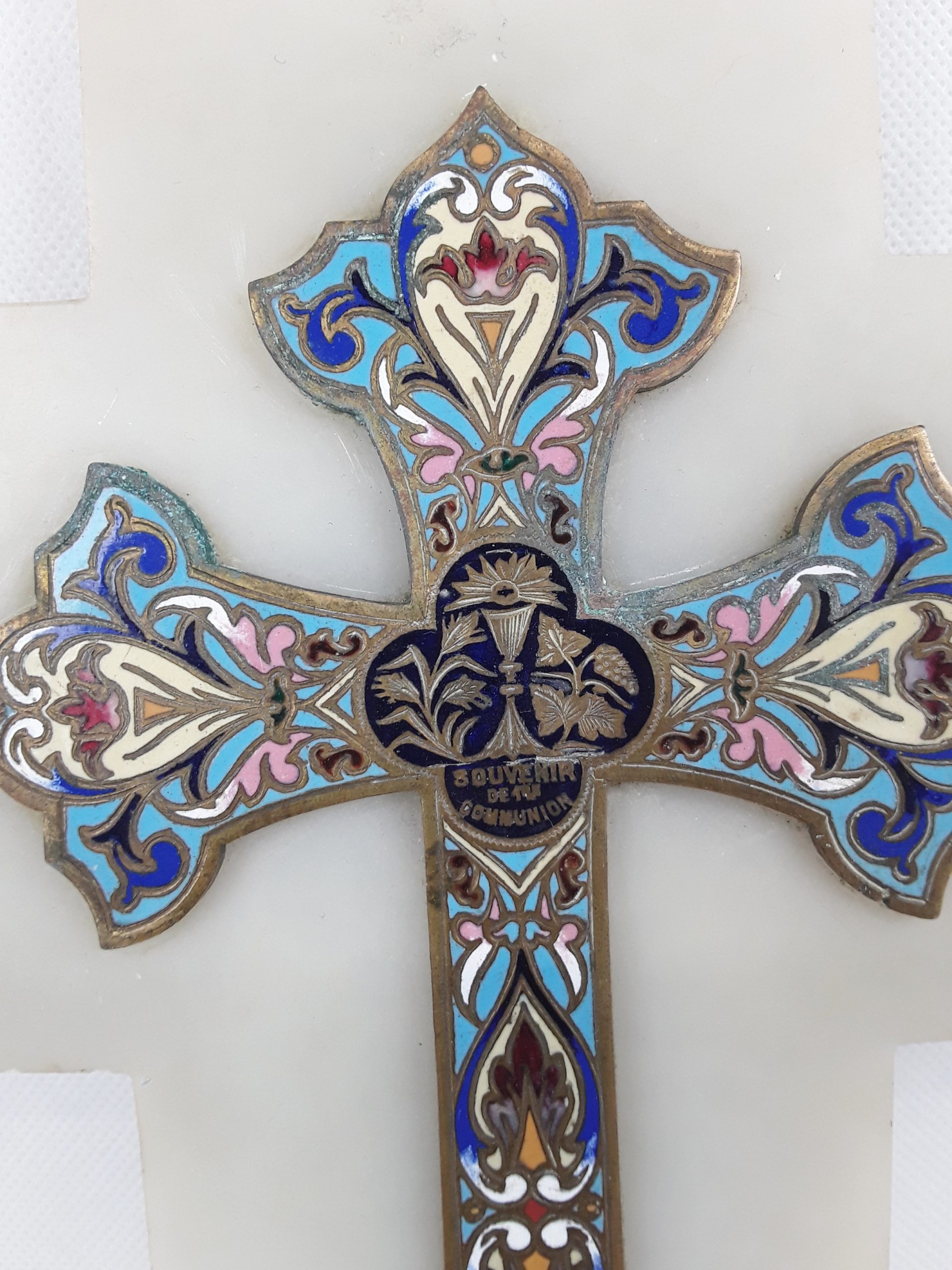 19th Century French Champlevé Enamel & Marble Cross with Font - Image 3