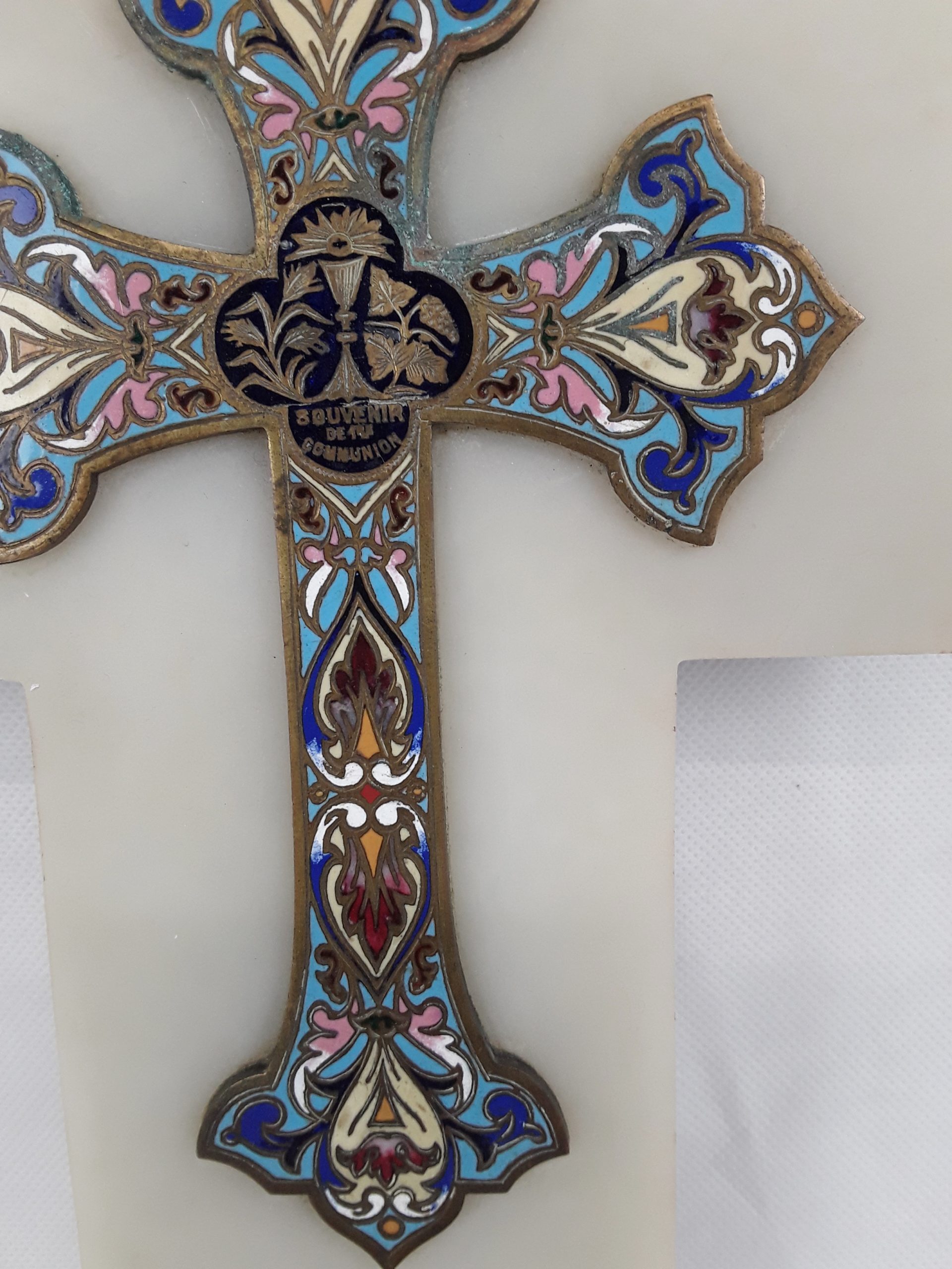 19th Century French Champlevé Enamel & Marble Cross with Font - Image 4