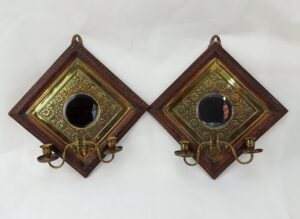 Pair Of 19th Century Girandole Bevelled Glass Circular Mirrors Of Pressed Brass And Carved Treen